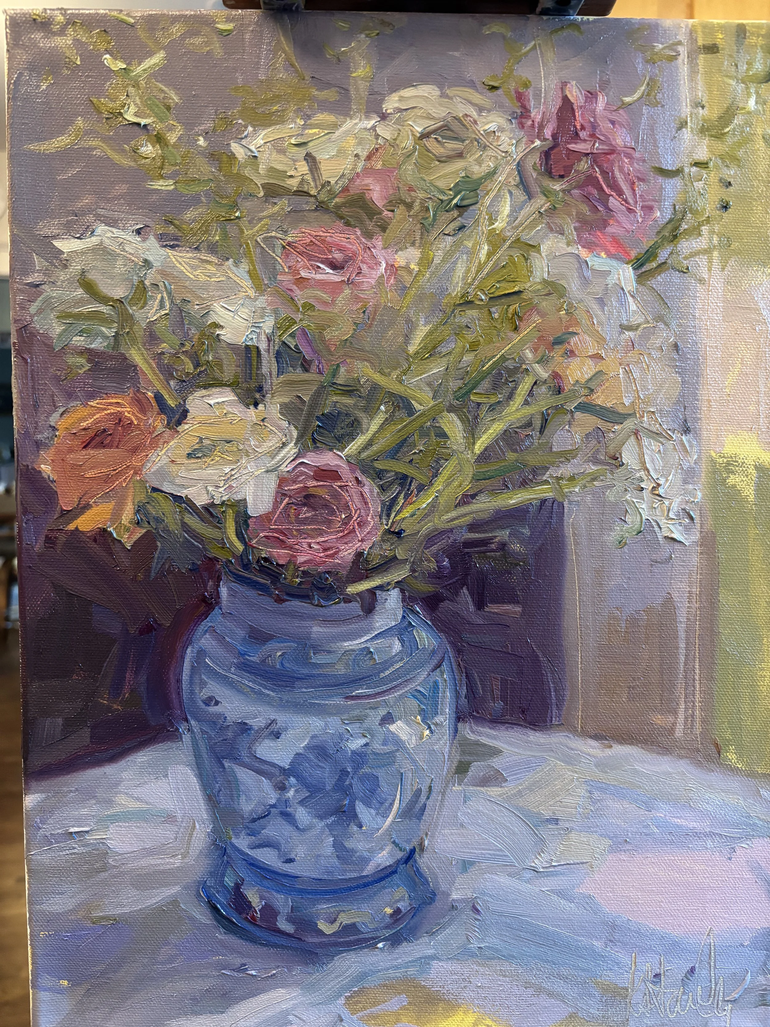 Blue Vase Renunculas, 11x14 inches, Oil on Canvas, $425