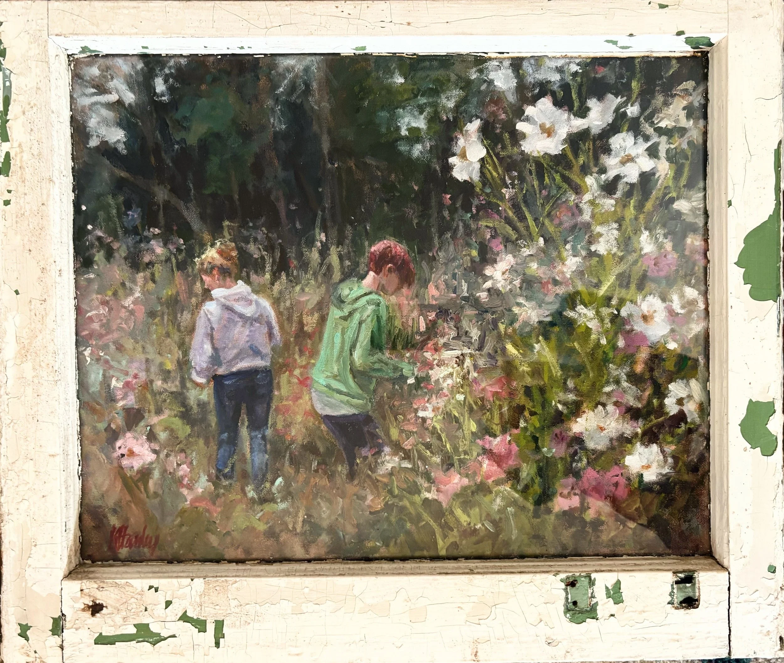 Gathering Friendship.  20x16”; Oil on Canvas mounted inside Vintage Window Panel, $895