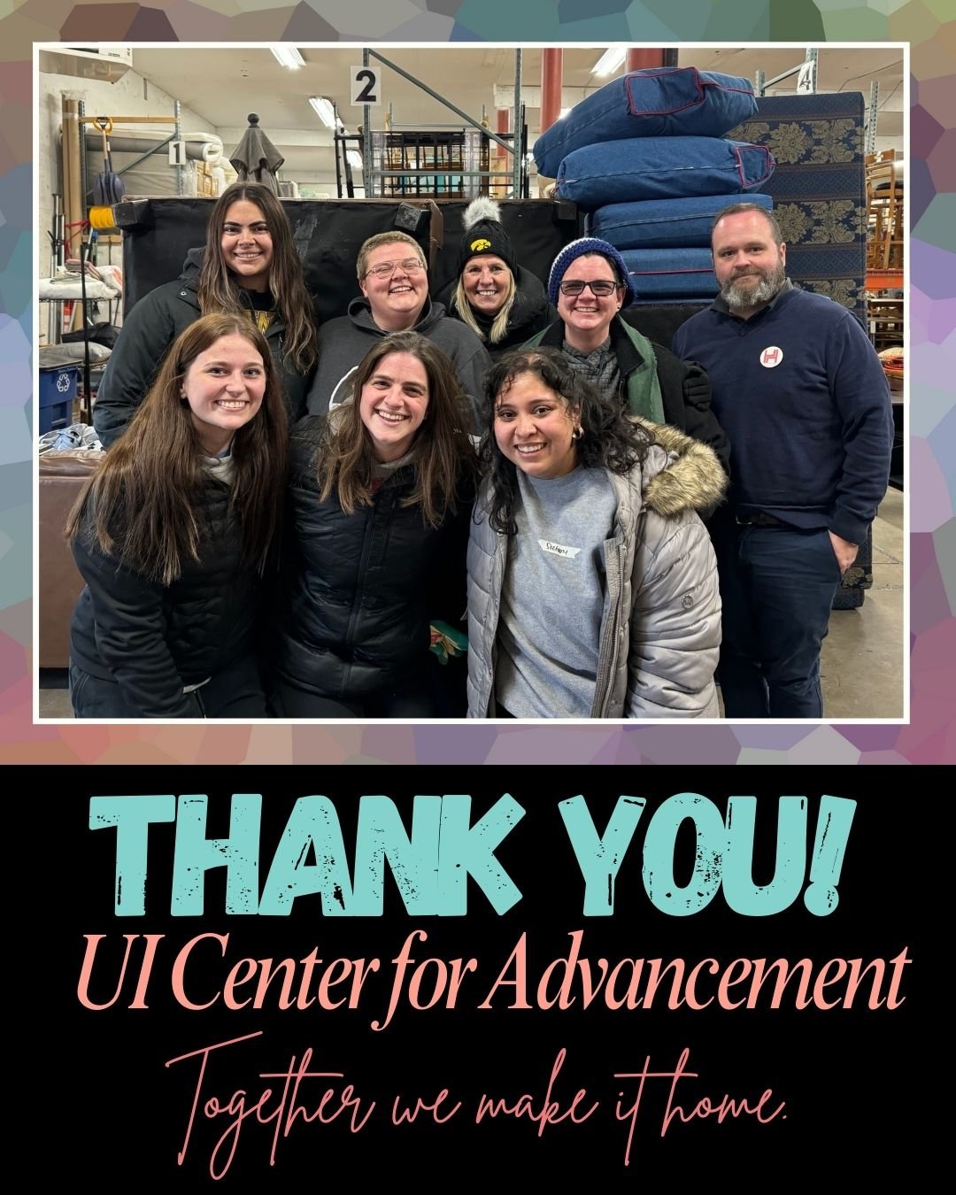 Thank you to our friends from the UI Center for Advancement for joining us for another volunteer shift! 

We appreciate this group's flexibility! With some last-minute delivery changes, they jumped right in and helped us organize our overflow warehou
