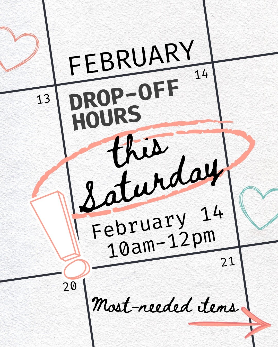 Be our Valentine and come to our drop-off hours this Saturday, Feb. 14! We'll be accepting donations from 10am to noon. If you bring an item on our most-needed list, you'll receive a special Valentine's Day treat. 💘