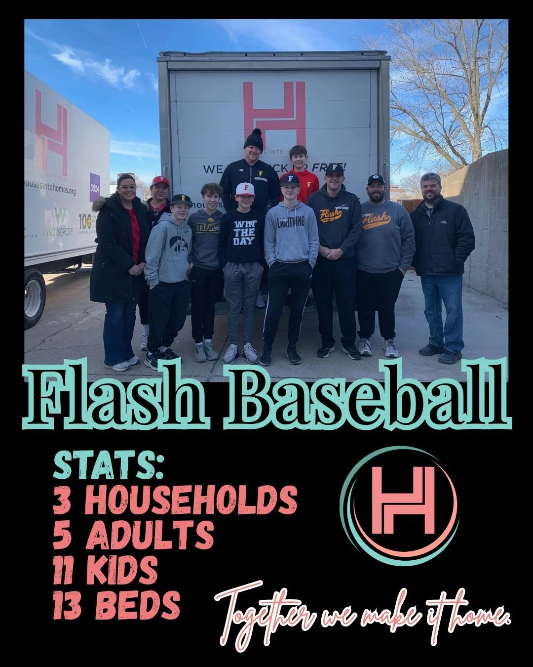 Shoutout to Flash Baseball for joining us on a delivery day! This hardworking group delivered 13 beds and other furniture to 3 households, including 5 adults and 11 kids!!

Together we make it home.