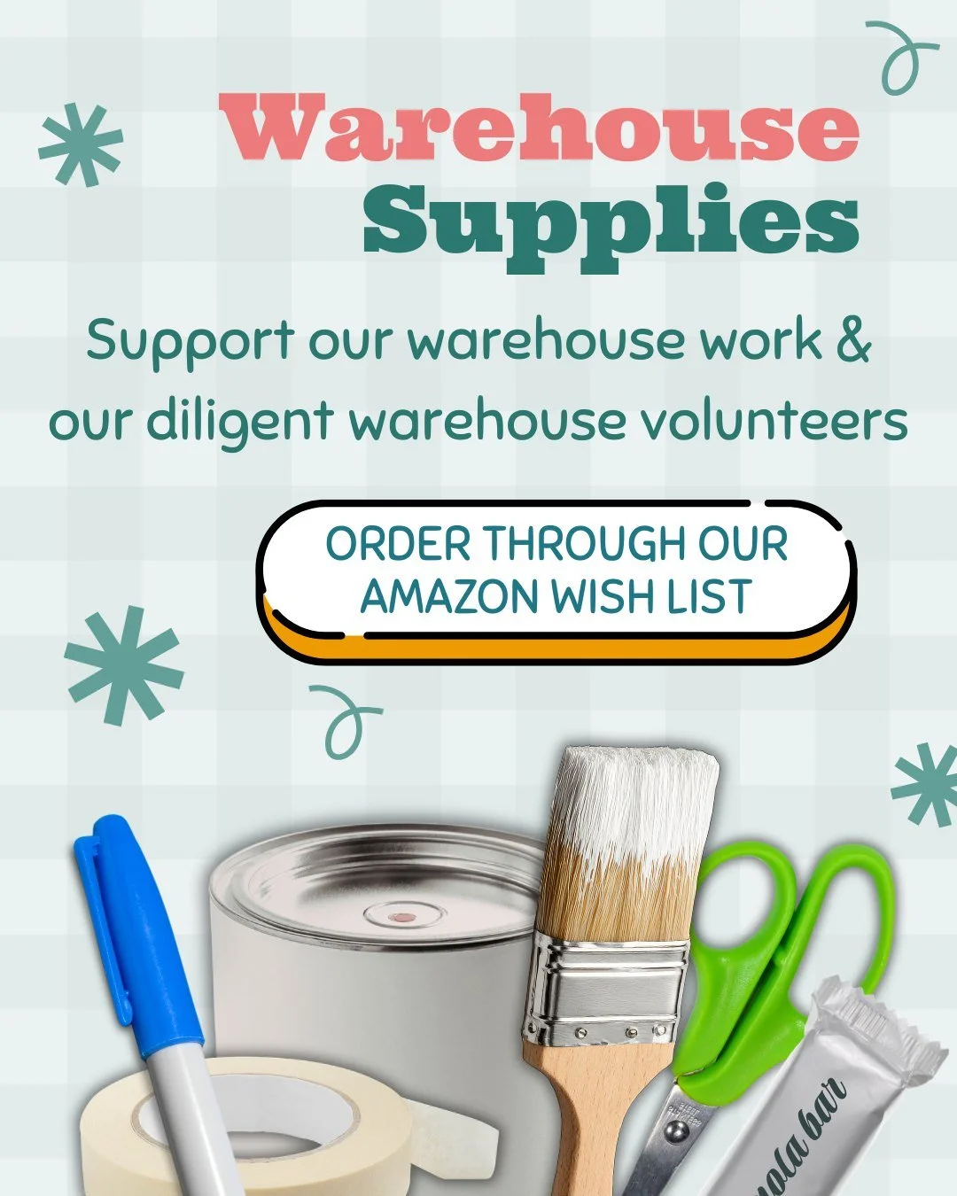 In addition to items for our recipients, we have supplies and items we need in our warehouse to help us prepare furniture and items for delivery. If you're interested in supporting our warehouse work and our diligent warehouse volunteers, check out o