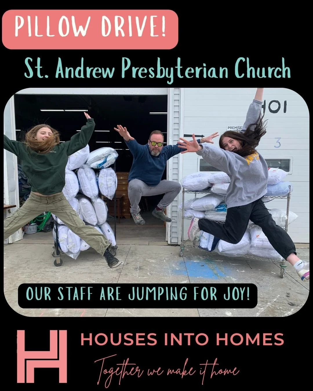 This pillow donation has us jumping for joy! And it will have 41 of our neighbors who are about to get a brand-new pillow along with their bed jumping for joy soon too!

We are so grateful to St. Andrews Presbyterian for hosting a drive in March and 