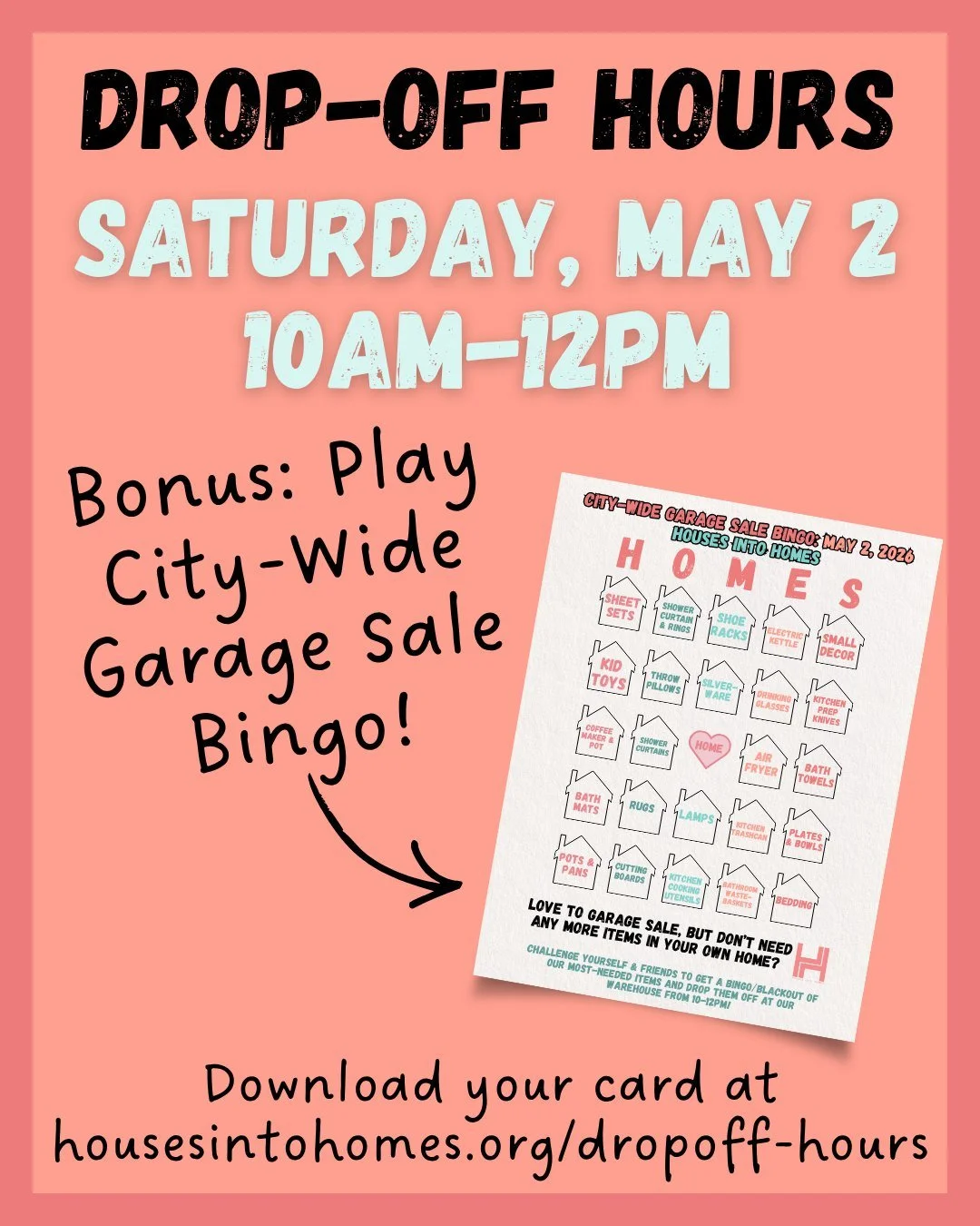 With city-wide garage sales happening this weekend, we're bringing back our Garage Sale Bingo! If you're out hunting for garage sale gems on Saturday, keep a look-out for items on our Bingo card. You can bring items straight to our drop-off hours on 