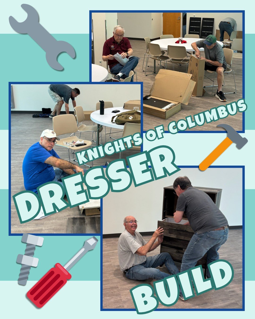Thank you to the Knights of Columbus of St. Thomas More Catholic Church for sponsoring a Dresser Build. This group raised funds to purchase kits, and then spent a recent Saturday morning building 12 dressers and 11 nightstands!

Sponsoring a Dresser 