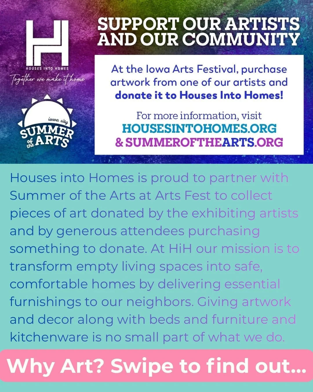 Houses into Homes is proud to be partnering for the second year with @summerofthearts the with a booth at Arts Fest to collect pieces of art donated by the exhibiting artists and by generous attendees purchasing something to donate. At HiH our missio