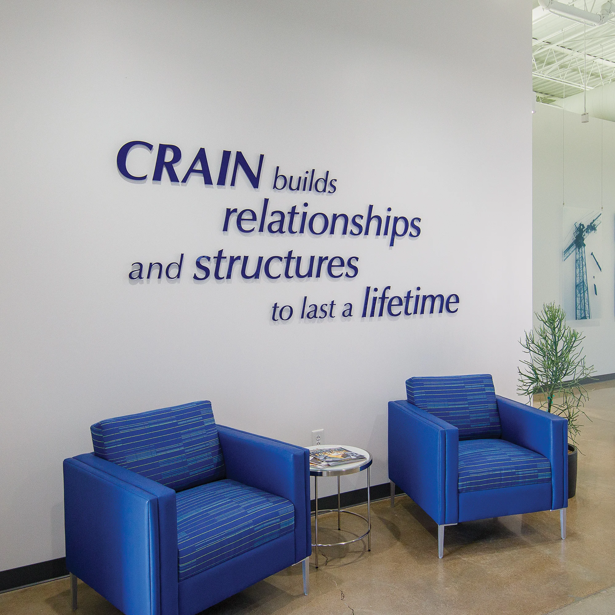 Crain Construction_Brand Identity Signage_Lobby Wall_Acrylic letters_