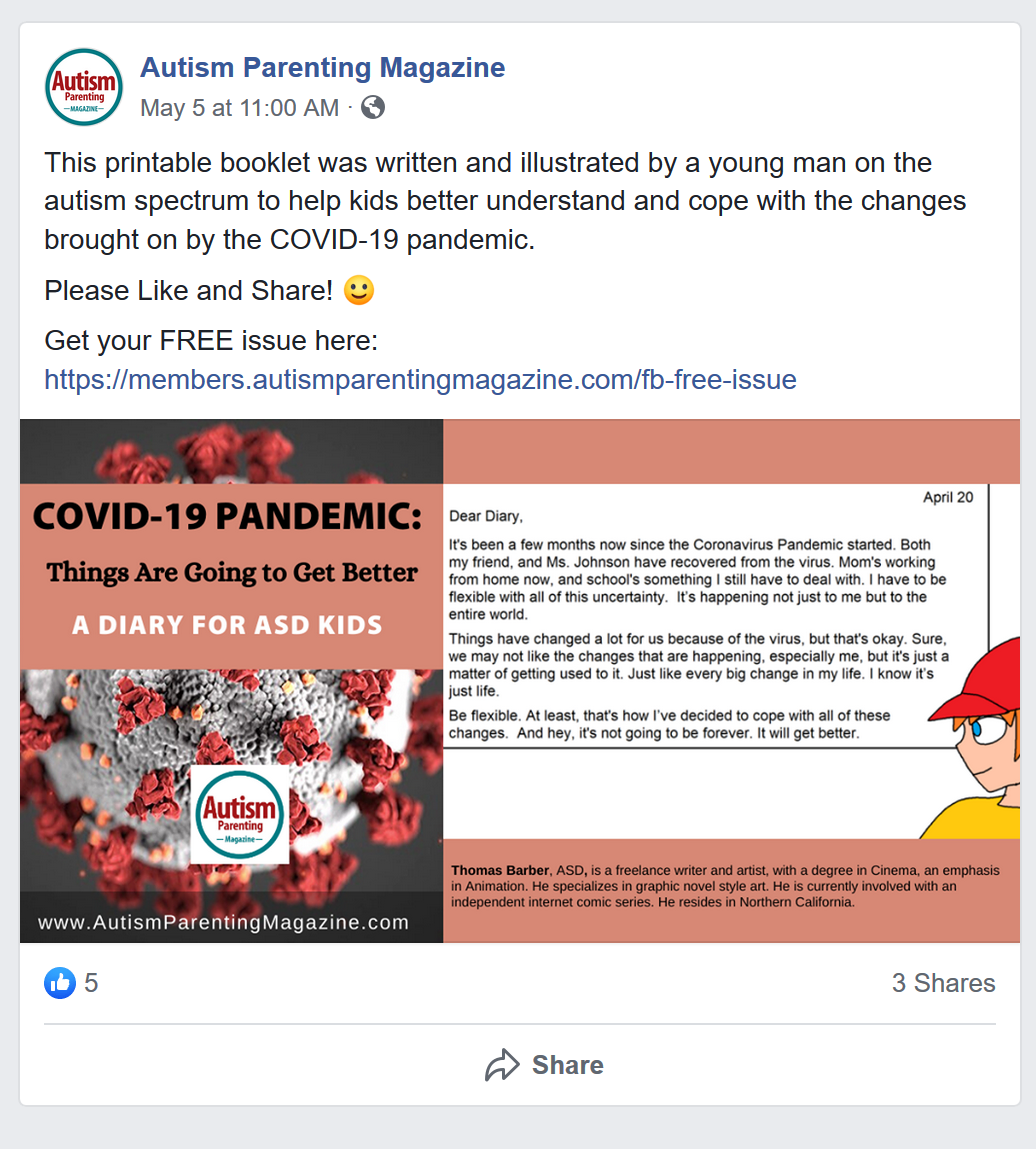  A facebook link to a short pamphlet I did for an obscure magazine. Link to the article posted here: https://www.facebook.com/AutismParentingMagazine/photos/a.493147177421643/2986139761455693/?type=3&amp;eid=ARAgM7wp3dbzFel78_fybGN1ItkzfbsenKWfWsddHX