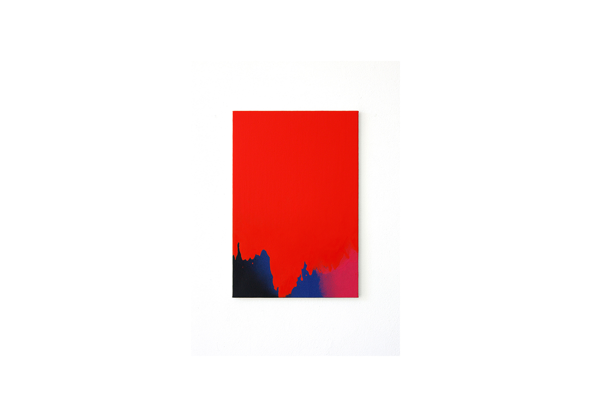   ohne Titel, 2014    Acrylfarbe, Lackspray auf Baumwollstoff 51 x 34 cm  