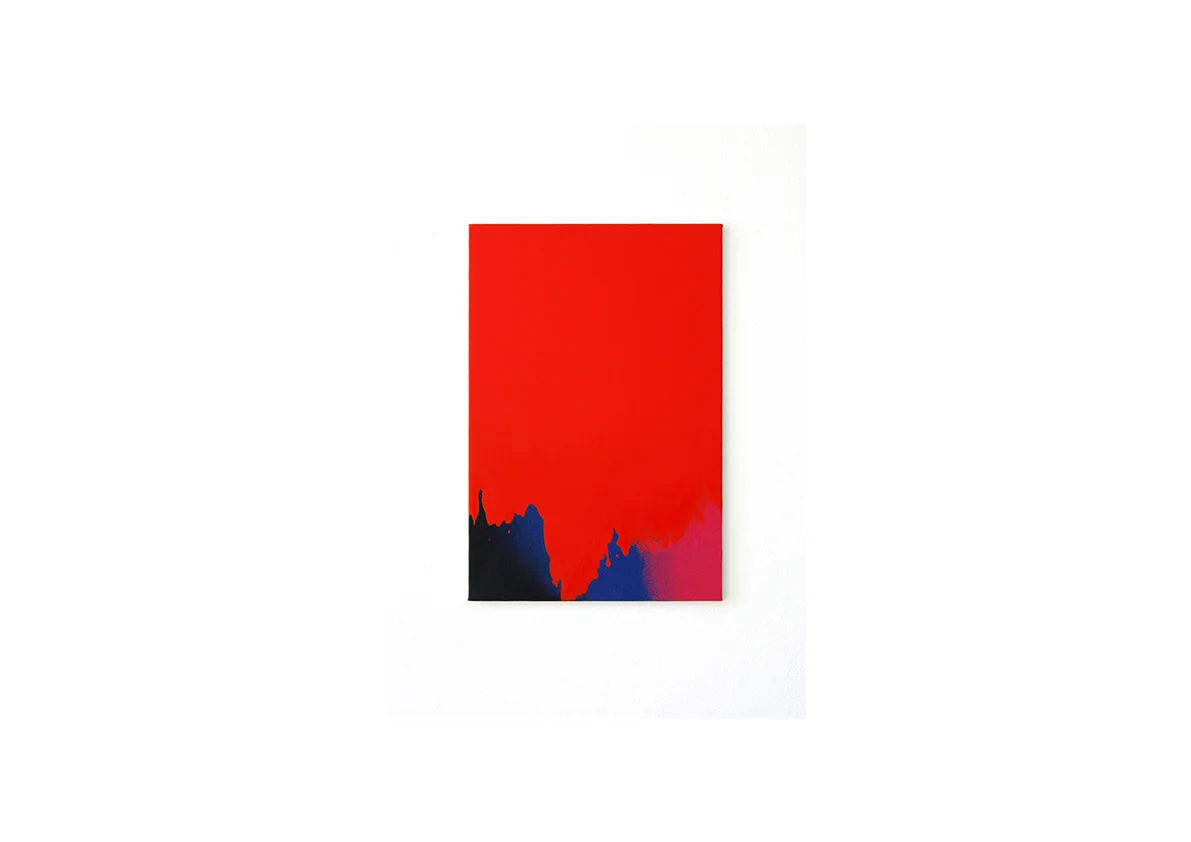 ohne Titel, 2014 Acrylfarbe, Lackspray auf Baumwollstoff 51 x 34 cm