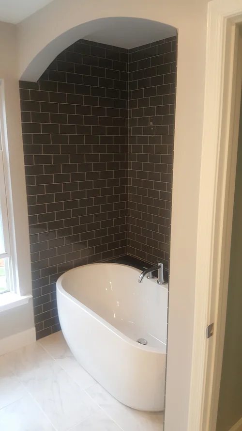 Bath with Floating Vanity & Black Glass Tile in Royersford, PA, photo 2