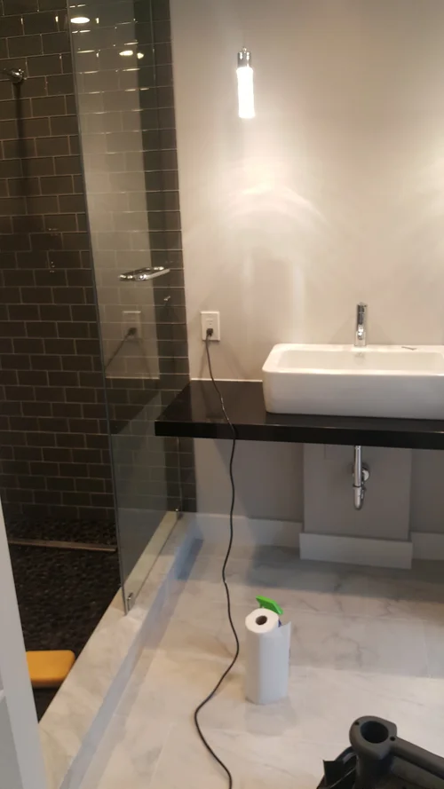 Bath with Floating Vanity & Black Glass Tile in Royersford, PA, photo 3