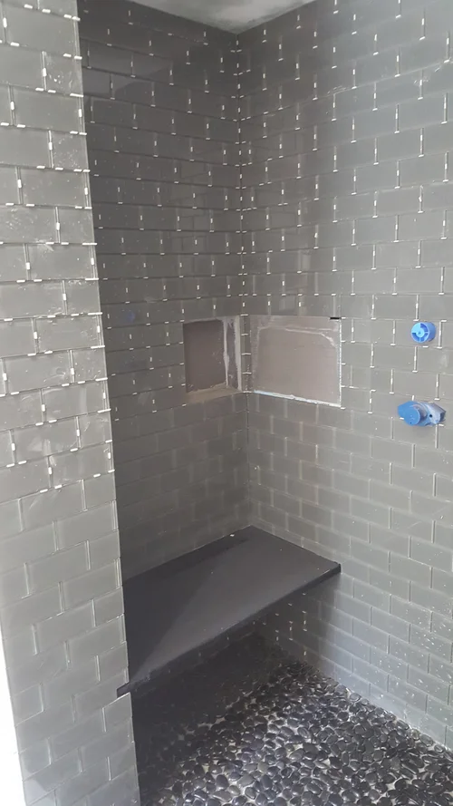Bath with Floating Vanity & Black Glass Tile in Royersford, PA, photo 11