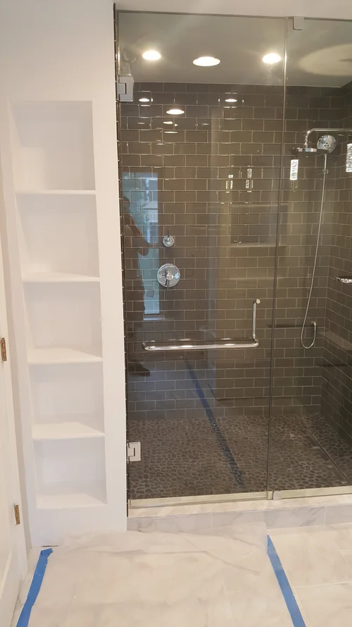 Bath with Floating Vanity & Black Glass Tile in Royersford, PA, photo 6