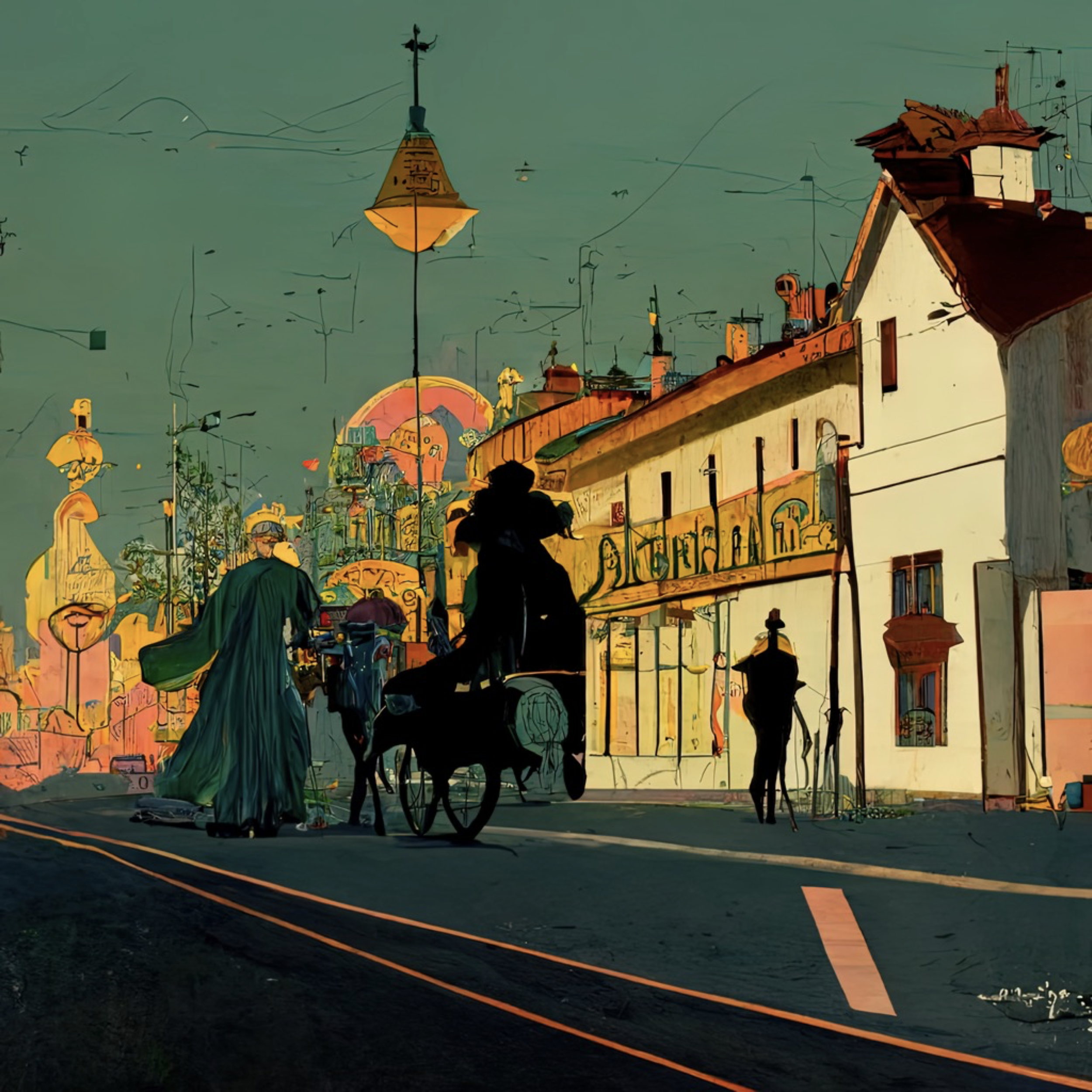 1e5779bb-b7ce-48c6-ad17-a938b2779032 - a mysterious and retro vintage street scene in a strange looking town in Alphonse Mucha style, by Antoine Malliarakis Mayo and Theo van Rysselberghe.png