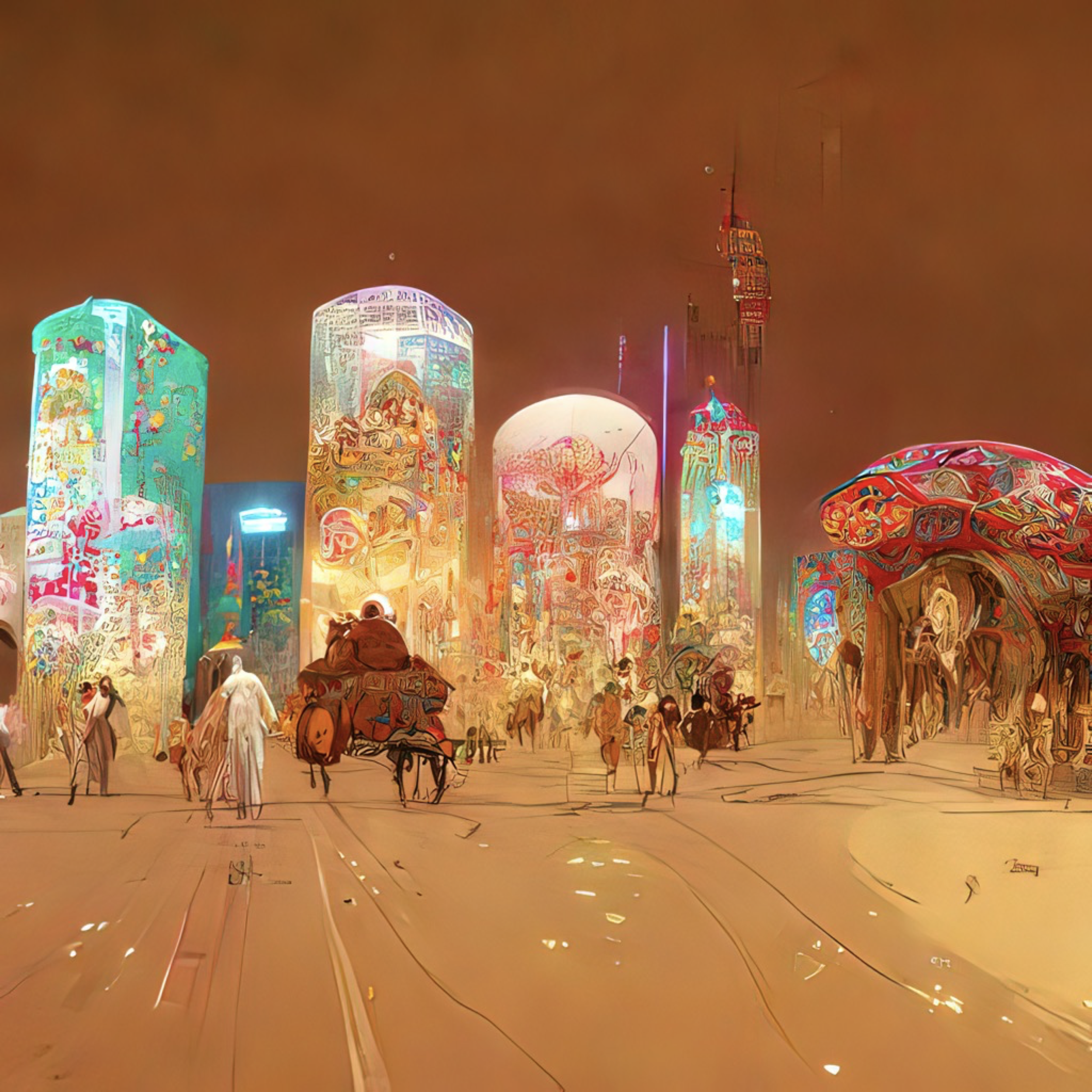 4c99d93e-f541-4a7c-9366-bab7522618d3 - highly complex intricate image silk road city, glowing electronic architecture, multi levels, stunning atmosphere by Alphonso Mucha, krenz cushart, Ryota-H , Matthias Beeguer, Fluorescent substances, m.png