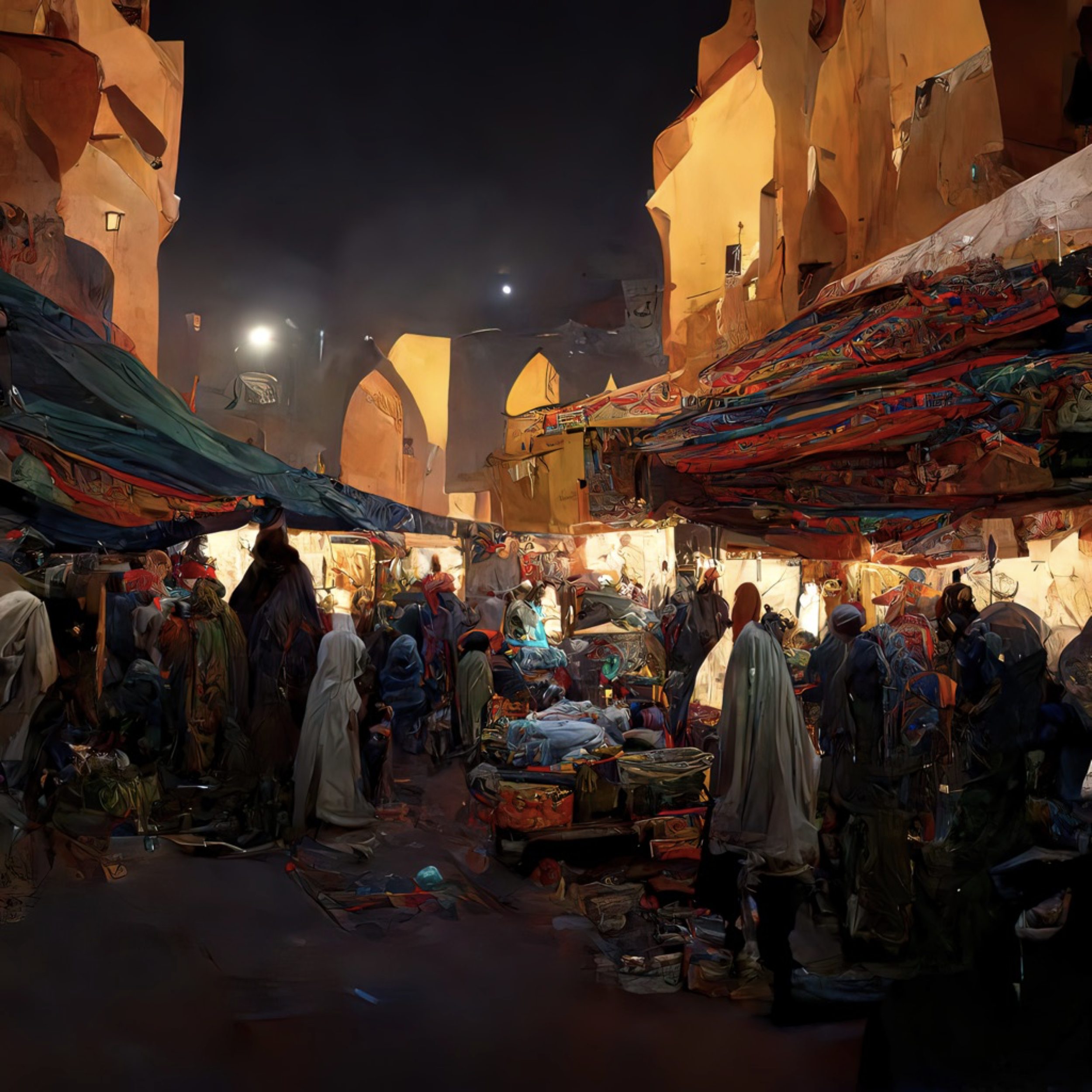 5c2b0543-774a-4ebe-8272-2b0e4729a37a - nighttime market in the Medina, Marrakech, artstation, hyperdetailed, beautiful lighting, artstation by Moebius, Mike Mignolia, cory loftis, craig mullins, rutkowski, Klimt, realistic, mystical.png