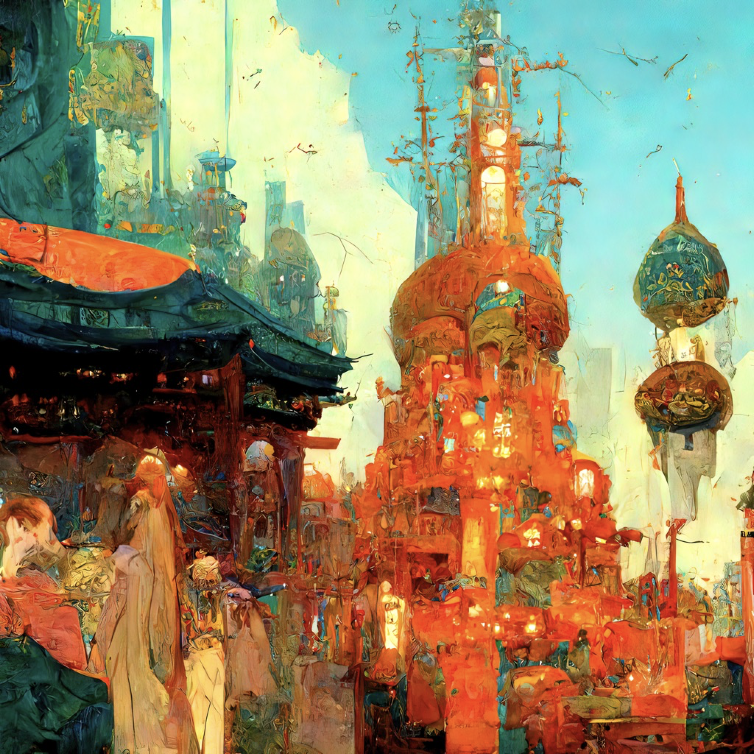 51bb90a2-224c-4be6-9d68-96f605f29f99 - highly complex intricate image silk road city, glowing electronic architecture, multi levels, stunning atmosphere by Alphonso Mucha, krenz cushart, Ryota-H , Matthias Beeguer, Fluorescent substances, m.png
