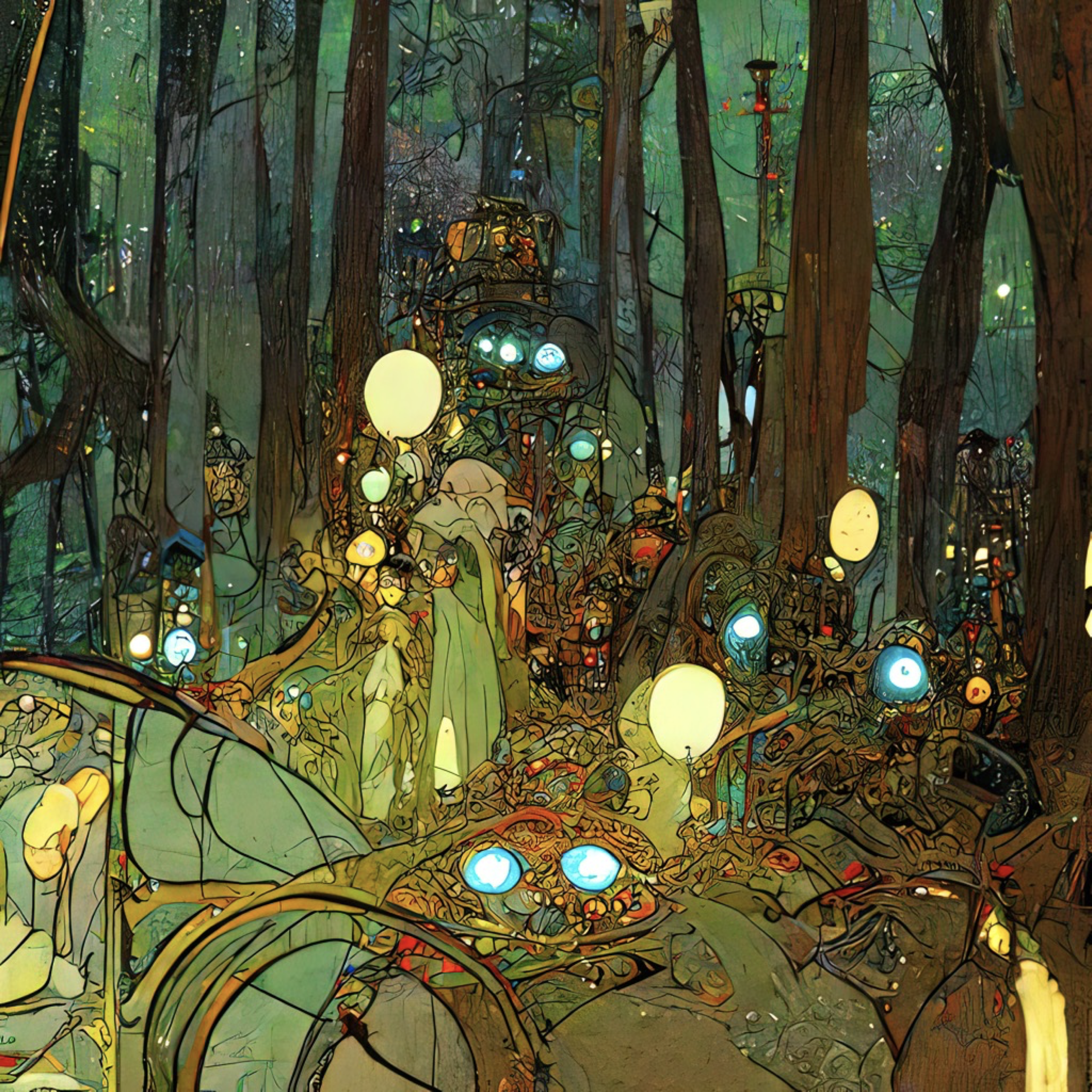 453d0605-cd81-464f-9b70-3fec7ec1d555 - highly complex intricate image a magical forest glade, glowing circuit board architecture,multi levels, giant dark glowing orbs of fire ,stunning atmosphere by Alphonso Mucha, Jean Giraud, krenz cushar.png