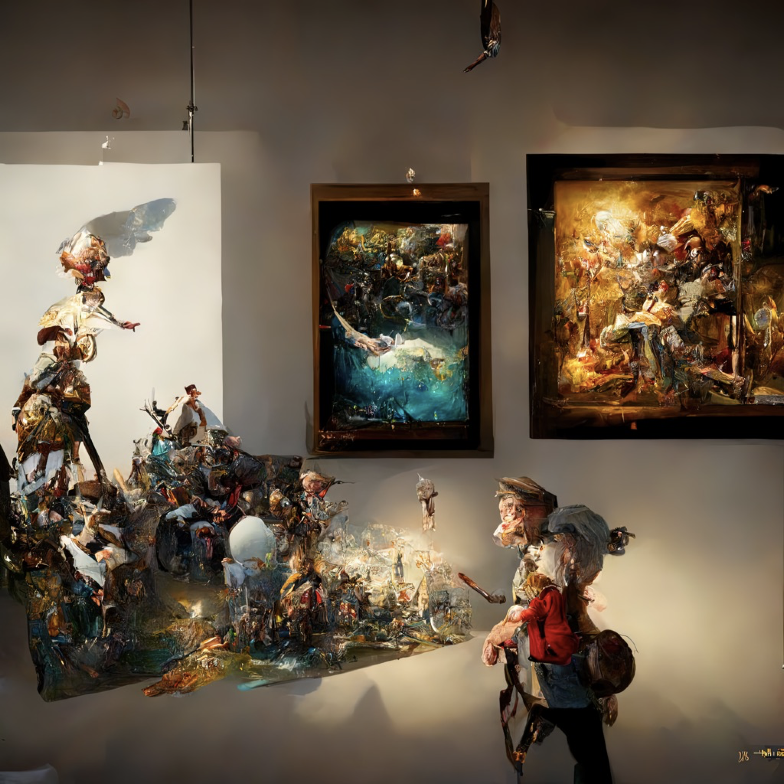 6e7c5c6d-93e8-43e5-96a8-6279d6e78511 - A photorealistic art gallery, of large paintings IN the style of Norman Rockwell with hints of peter mohrbacher, Georges Remi, Albert Uderzo, super-realistic, insanely intricate and detailed, top view,.png