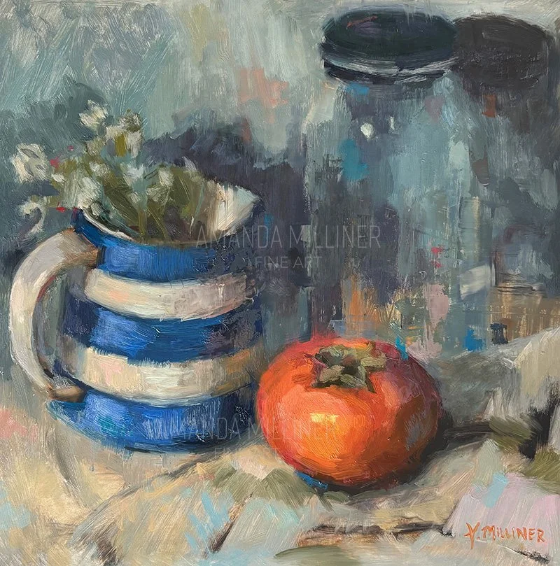 Persimmon & pitcher, 12x12", oil