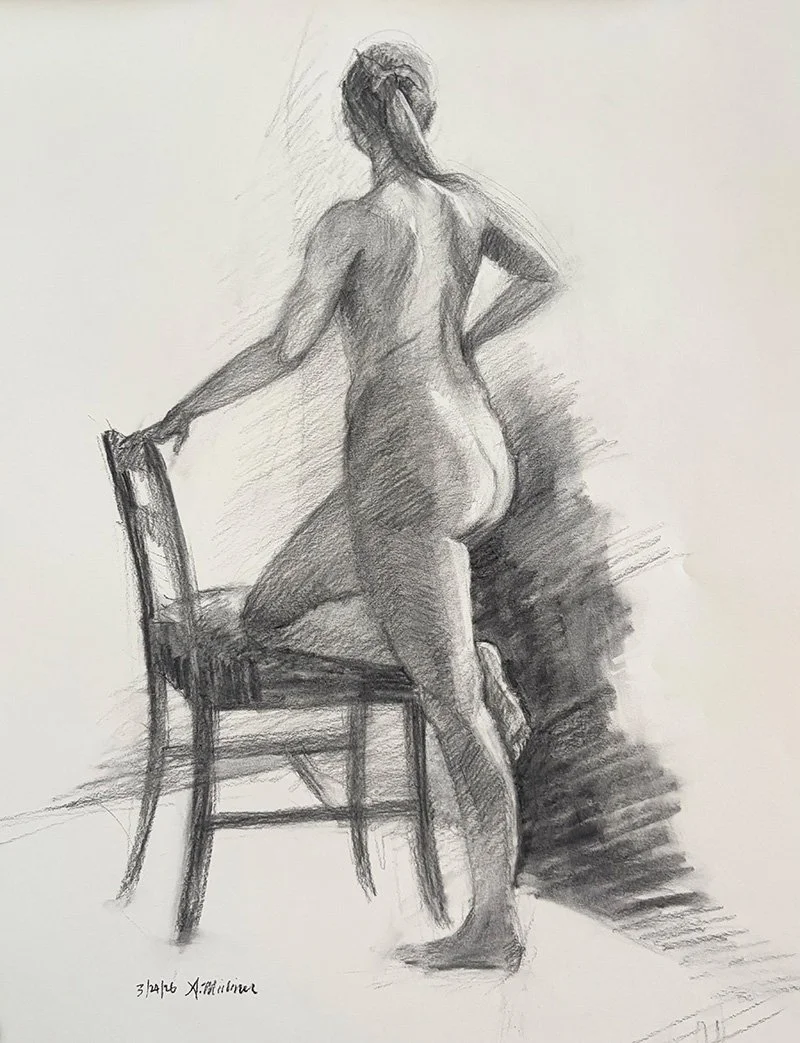 Knee on chair, charcoal drawing, 2026