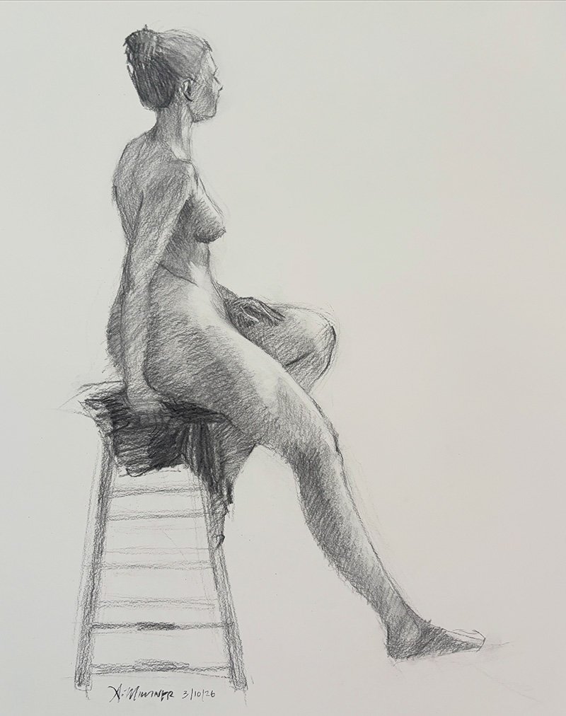 leg extended, charcoal drawing, 2026