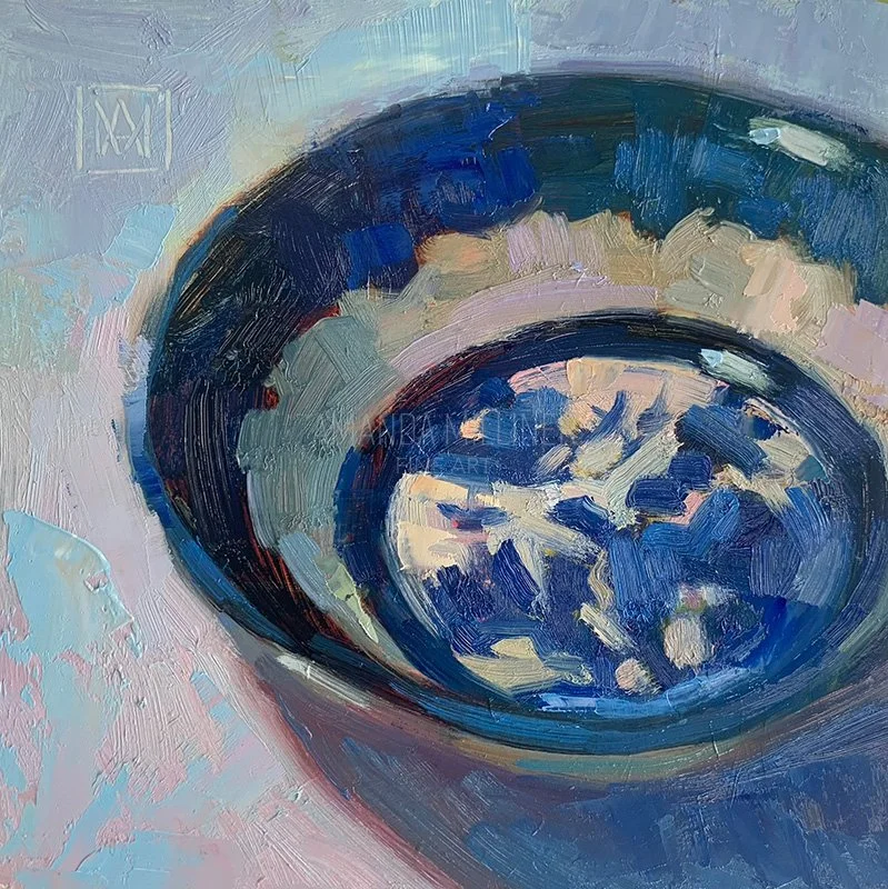 Blue & White Dish, 6x6". oil