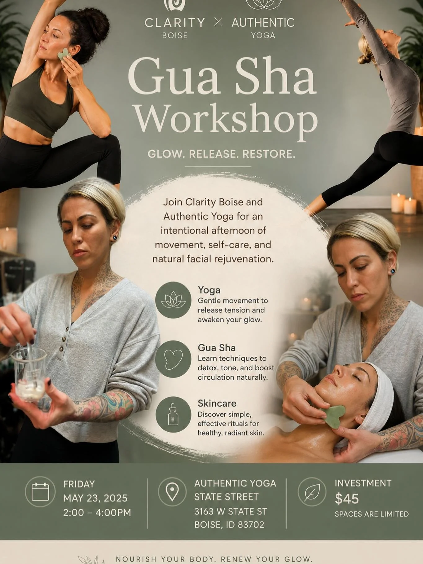 ✨Our Yoga + Gua Sha class is almost full&hellip;

📅 Saturday, May 23rd

⏰ 2&ndash;4 PM

📍 Authentic Yoga Boise

$45 includes:

✔ guided yoga + lymphatic activation

✔ Gua Sha education

✔ skincare goodie bag

This is your sign to prioritize YOU.

D