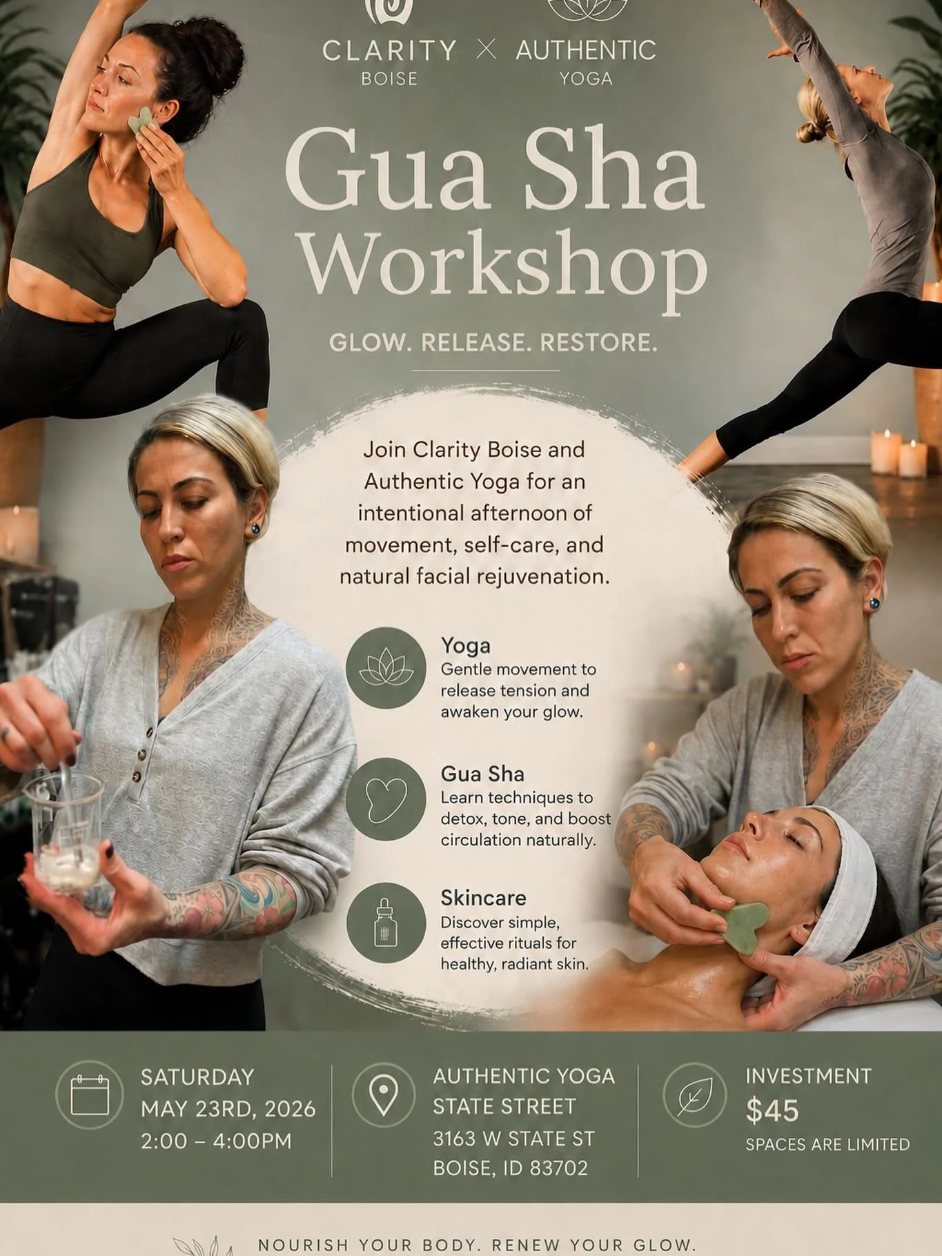 ✨Our Yoga + Gua Sha class is almost full&hellip;

📅 Saturday, May 23rd

⏰ 2&ndash;4 PM

📍 Authentic Yoga Boise

$45 includes:

✔ guided yoga + lymphatic activation

✔ Gua Sha education

✔ skincare goodie bag

This is your sign to prioritize YOU.

D