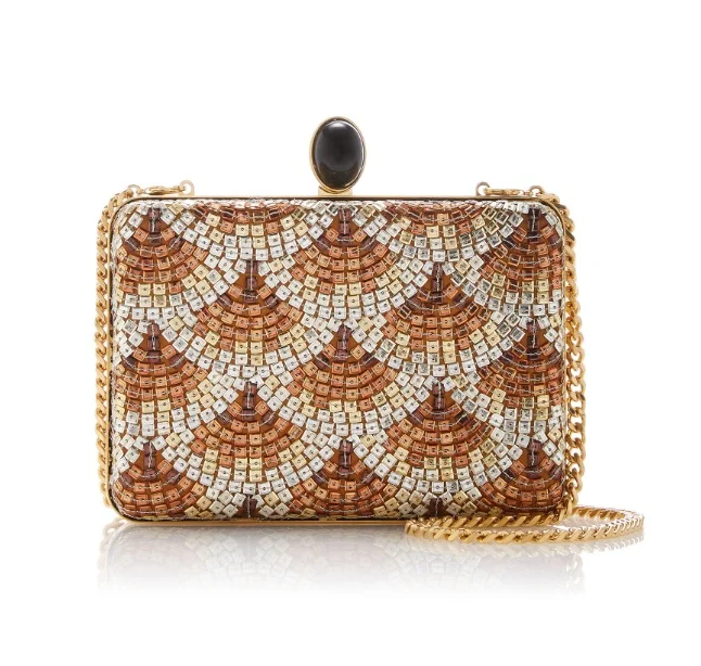 Oscar de la Renta via Moda Operandi / Rogan Sequined Gold-Tone Satin Clutch