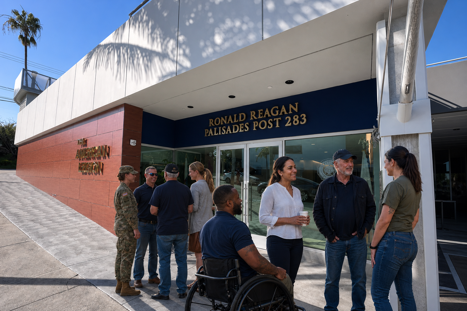 Veterans gathering outside Ronald Reagan Palisades Post 283 in Pacific Palisades