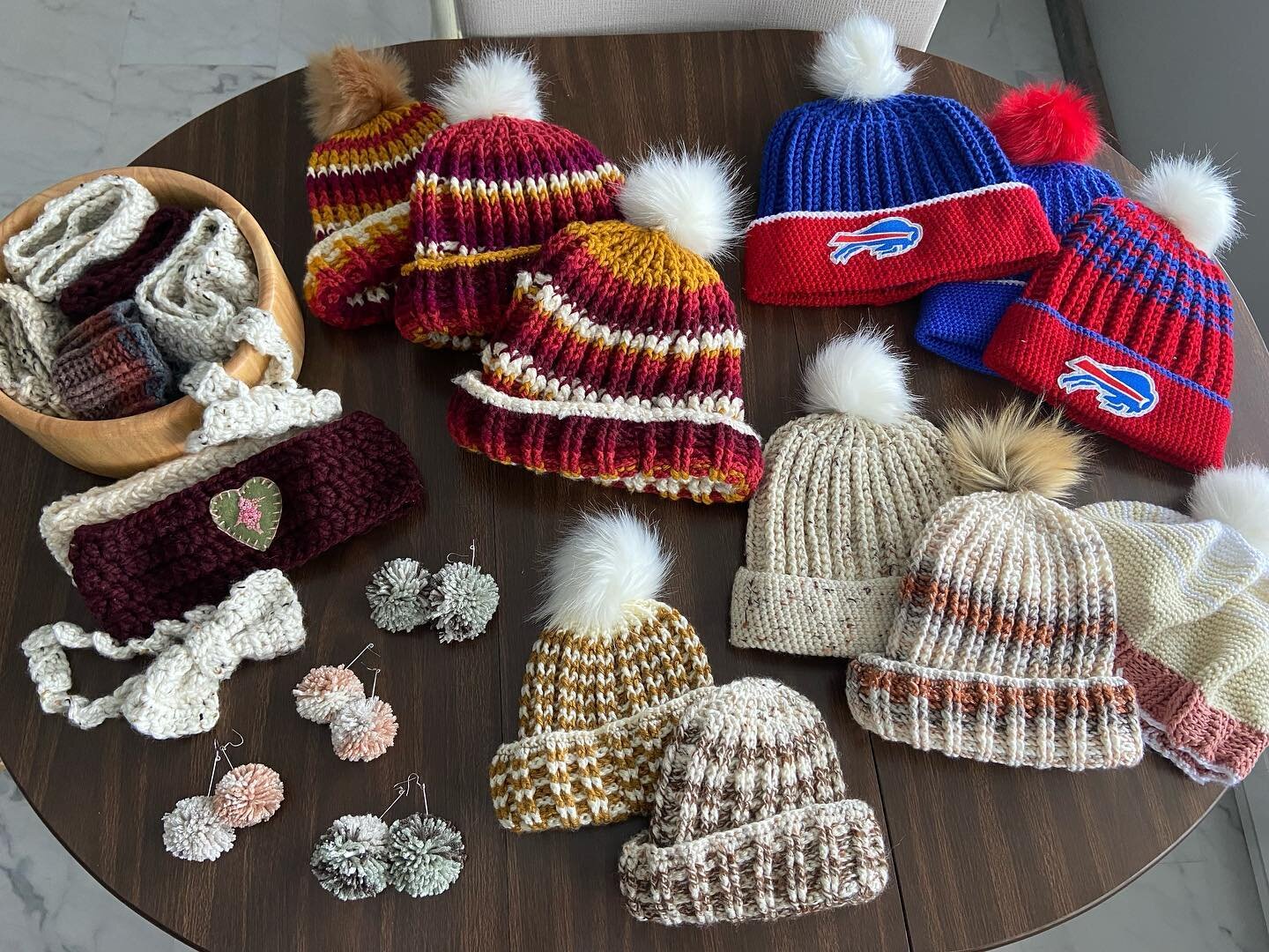 Hats have been moving FAST today! Thanks guys! This is all I&rsquo;ve got left! I&rsquo;m trying to make some extra spending cash for my trip to India this weekend. All hats only $50! Baby hats $20! And I just pulled out these pom pom earrings. Free 