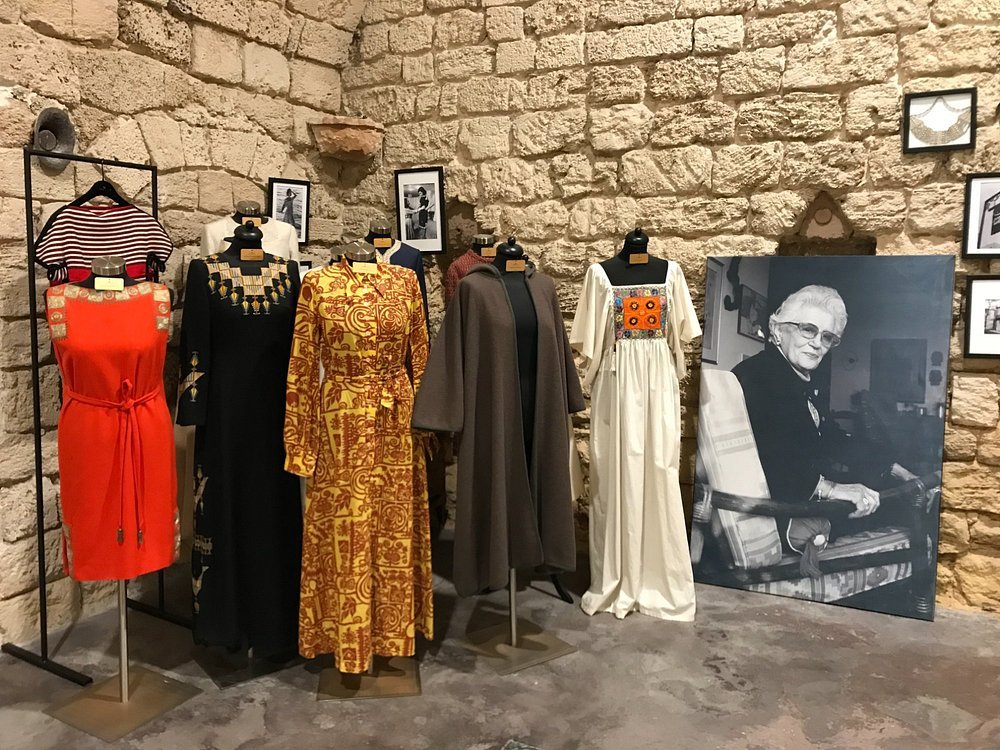 Ruth Dayan’s designs on display in an Israeli museum, presented as part of Israel’s fashion history.