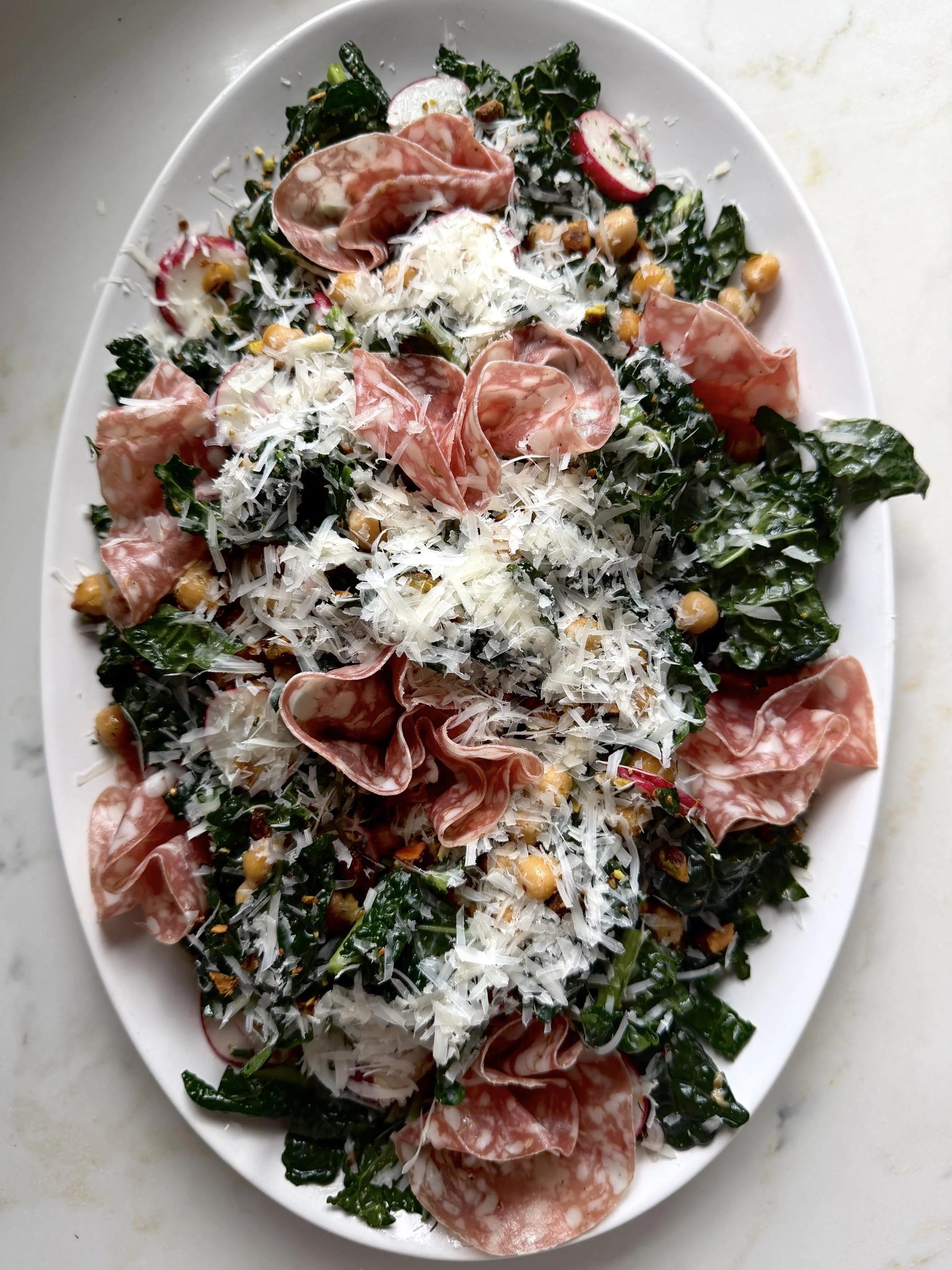 Kale&amp; Chickpea Salad with Herby Tahini Dressing and Shaved Parmesan
