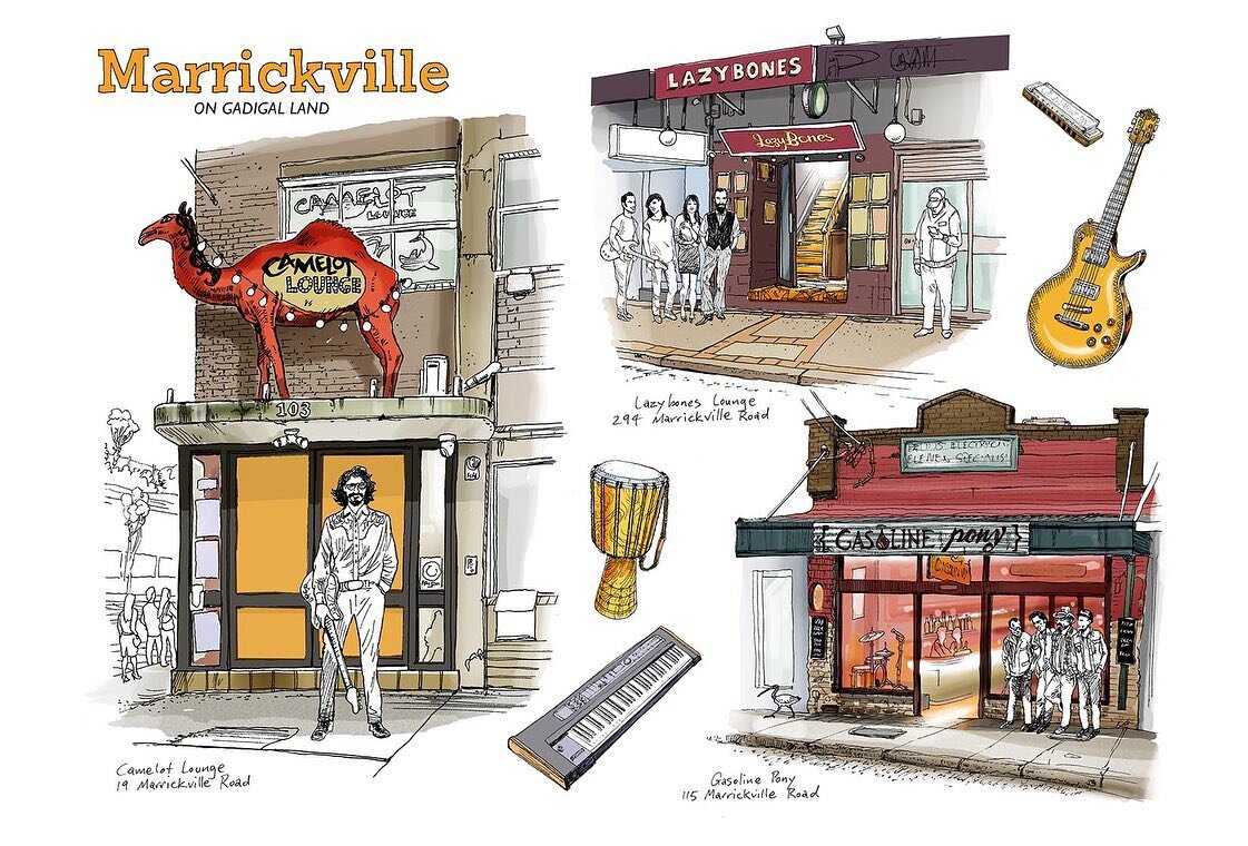 Marrickville On Gadigal Land.
My latest print!
It will be go on sale at Artisans&rsquo; Nest next week or buy through my online shop www.lewkeilar.com
My three favourite venues in Sydney are all in Marrickville - Lazybones Lounge, Camelot Lounge and 