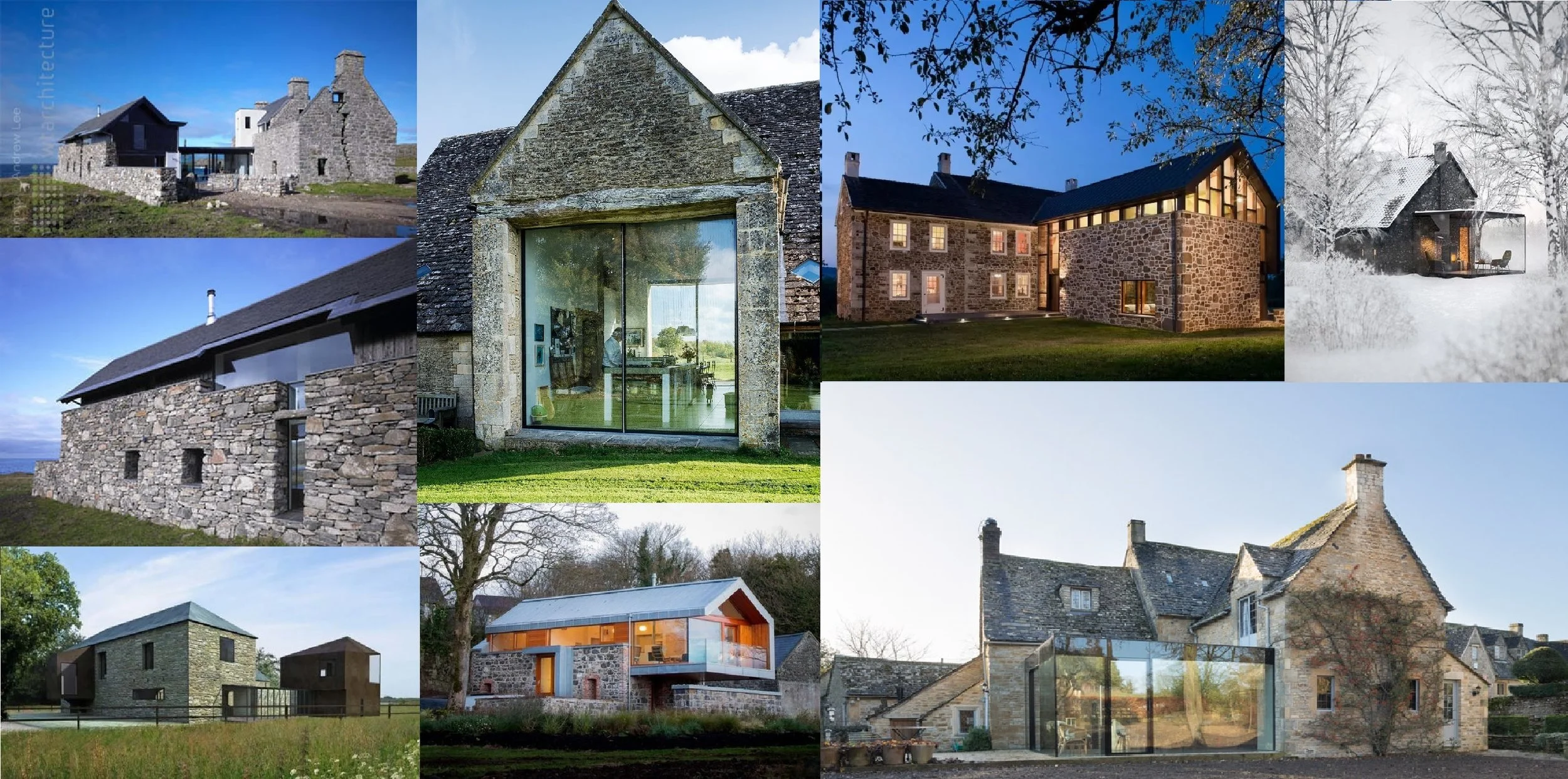 Clockwise: Scottish Island House by WT Architecture; Gloucestershire Barn conversion; 18th Century Farmhouse in PA by Wyant Architecture; Pavillon Roly in Belgium by Bruno Erpicum; Yew Tree House in Cotswold by Jonathan Tuckey; Loughloughan Barn in the UK by McGarry-Moon Architects; Tourin Barns in Ireland by James Gorst Architects