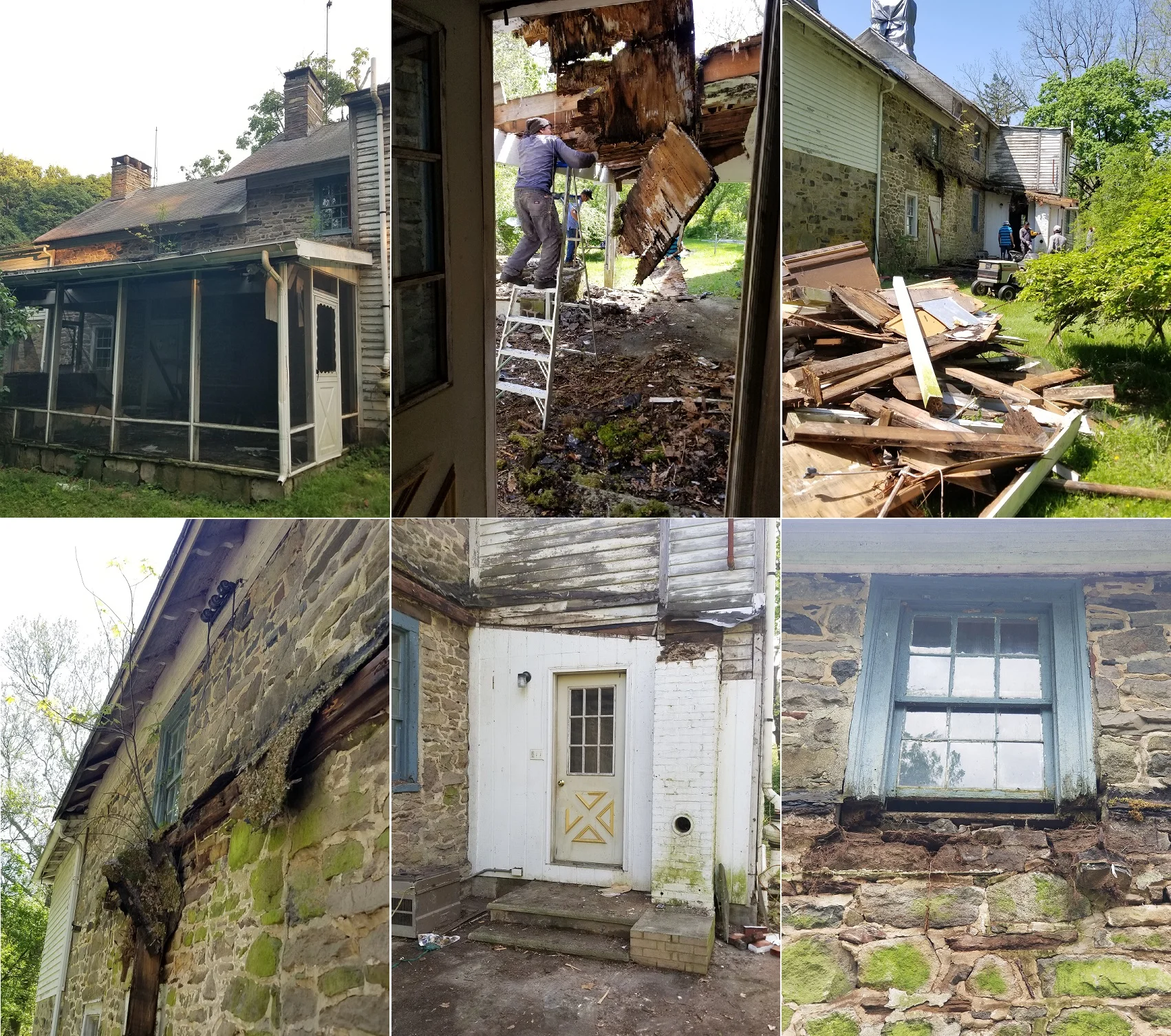 Top L to R: The back porch before; During demo; All gone. Bottom L to R: The tree growing in the roof; door to the old kitchen; damage from the roof tree.