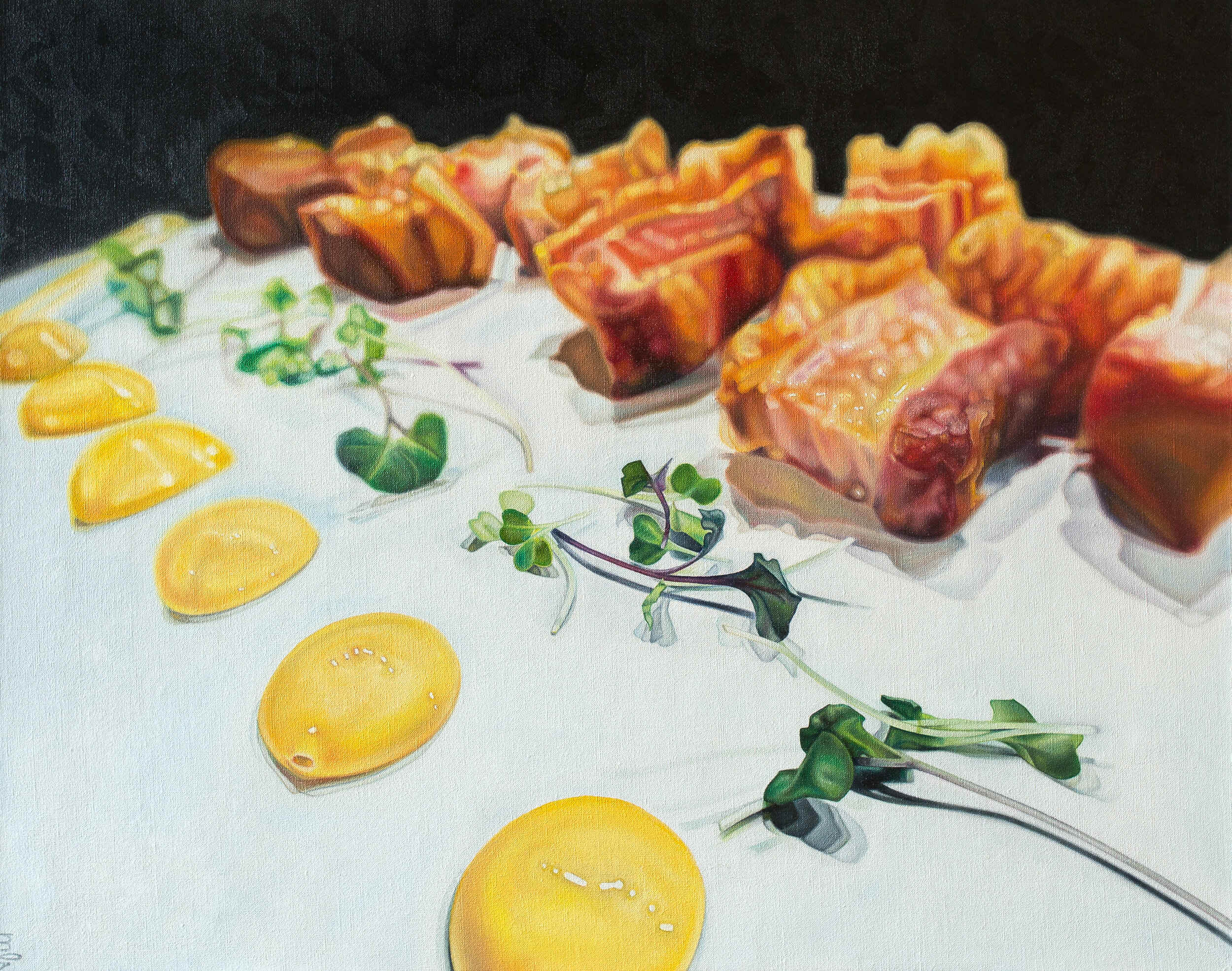  Swine and Sauce, oil on canvas, 24″ x 30,” 2019. 