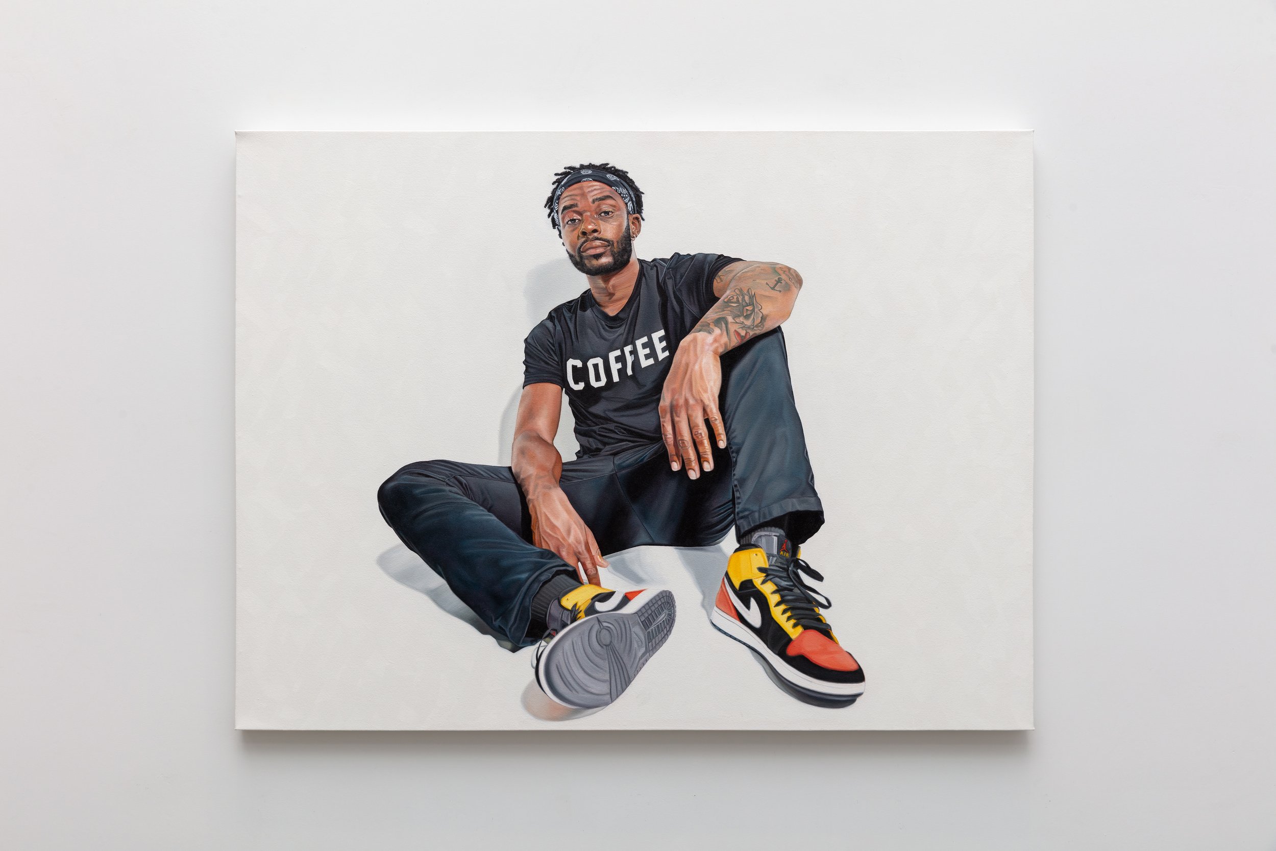  Selah (Tymarcus), oil on canvas, 30″ x 40,” 2023 (SOLD).  “This black joy is done rewriting narratives that were never worth their ink. My story has a better Author. Roasting coffee slows me down enough to discern the difference. There I’m content w