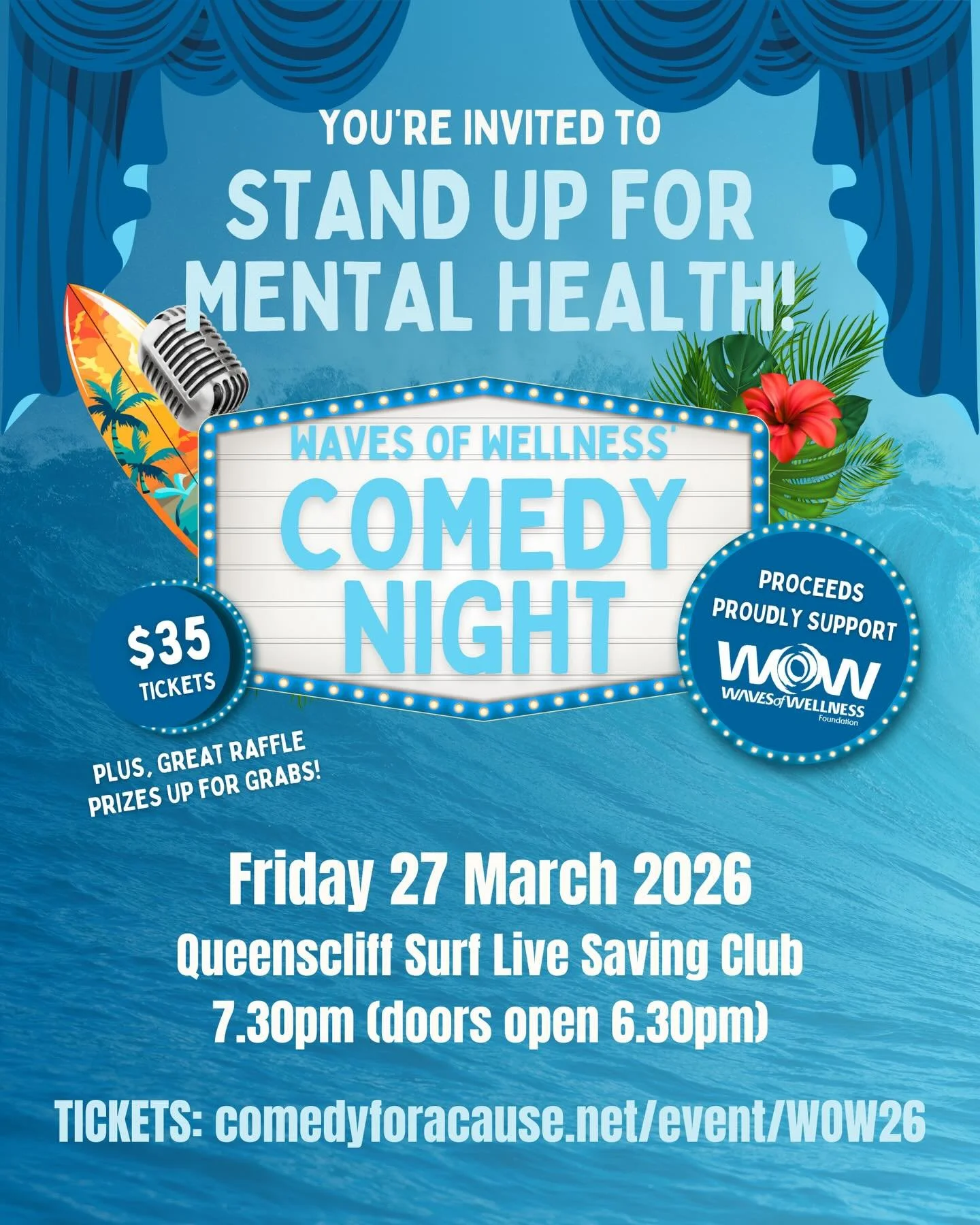 WOW&rsquo;s first comedy night! 😍

A room full of people, a night of comedy, and a chance to support mental health. 

You&rsquo;re getting a great night out - with connection and community - while also helping us keep surf therapy free for people wh