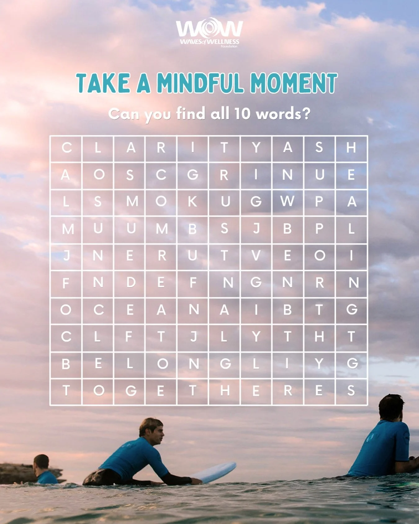 Take a mindful moment and see how many words you can find in our surf therapy word search. 🏄&zwj;♂️

Each word represents something we build through our programs - from connection and trust to calm and clarity.

🧠 Why it matters:
Simple activities 