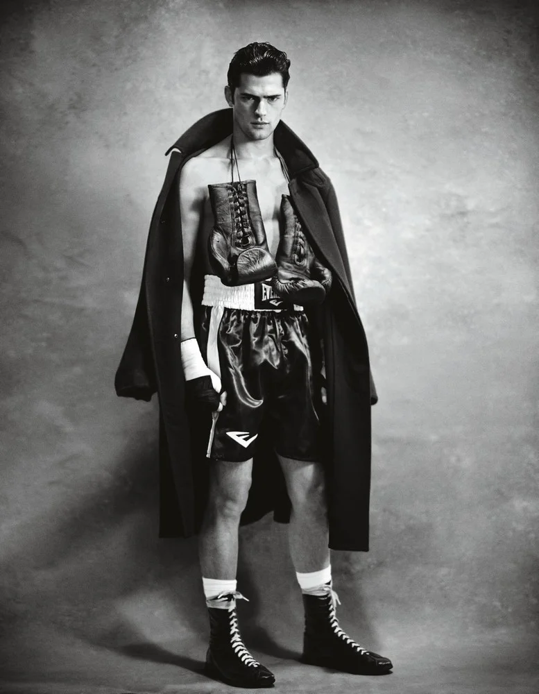 double splittable wool coat TOM FORD boxing shorts, gloves, hand wraps, and boots EVERLAST socks CHAMPION