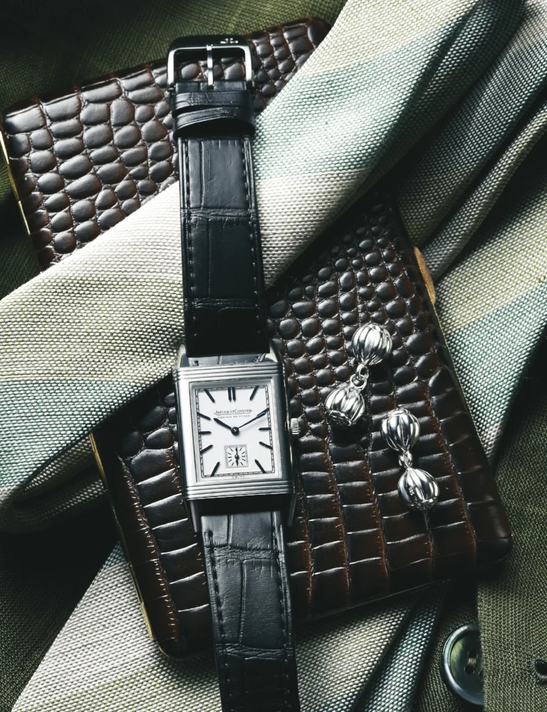JAEGER-LECOULTRE GRANDE REVERSO ULTRA THIN 1948 linen and silk repp tie MATTABISCH sterling silver lotus cuff links PATINOVA bespoke check sport coat LIVERANO & LIVERANO