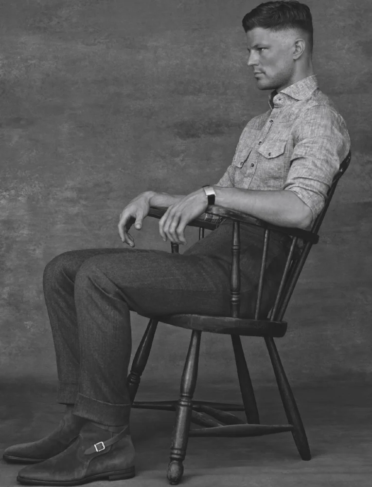 BLAKE Linen shirt and wool suit pants EIDOS NAPOLI suede boot JOHN LOBB vintage watch MAXIMA available at manoftheworld.com