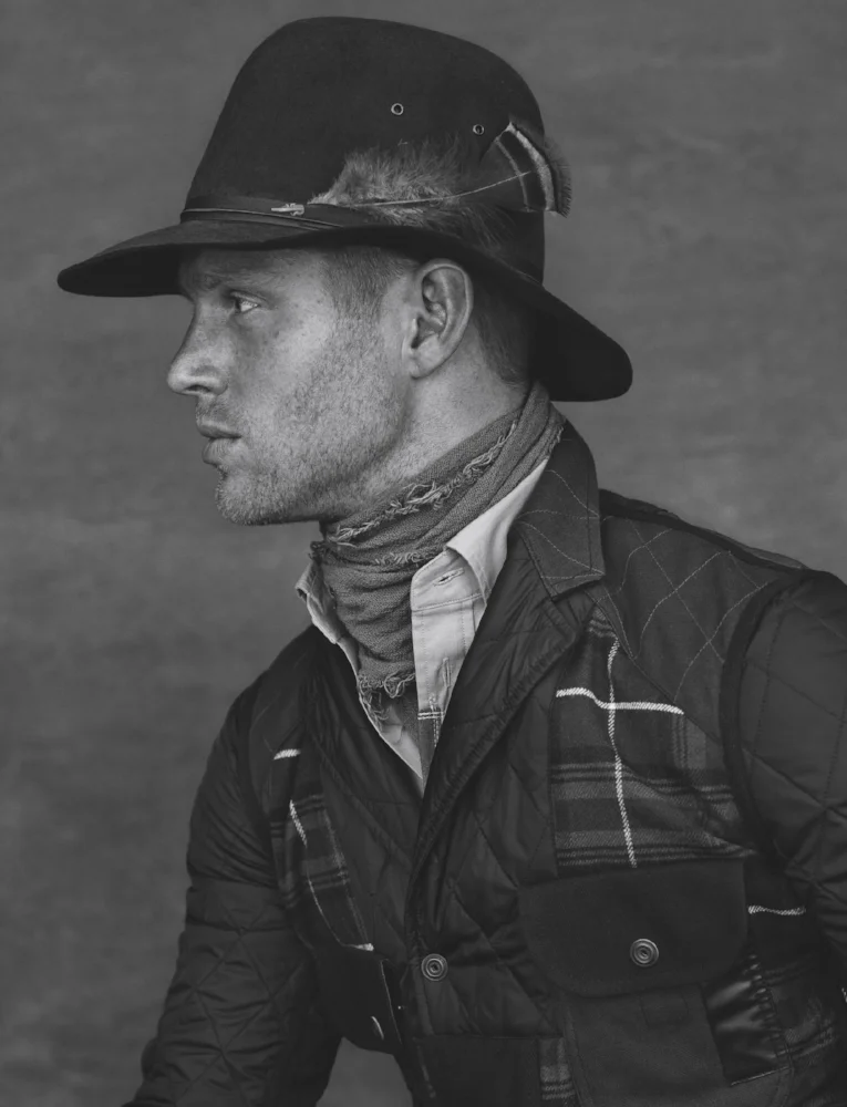 CONNOR Quilted button-down jacket and cotton shirt JUNYA WATANABE hand-dyed cotton scarf GREG LAUREN wool hat WORTH & WORTH