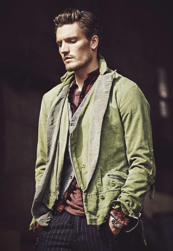 Cotton-silk blend jacket, wool-linen blend tweed vest, flannel shirt, and wool-cotton blend pants GREG LAUREN cotton crew neck t-shirt TODD SNYDER submariner 5513 vintage watch ROLEX available at manoftheworld.com