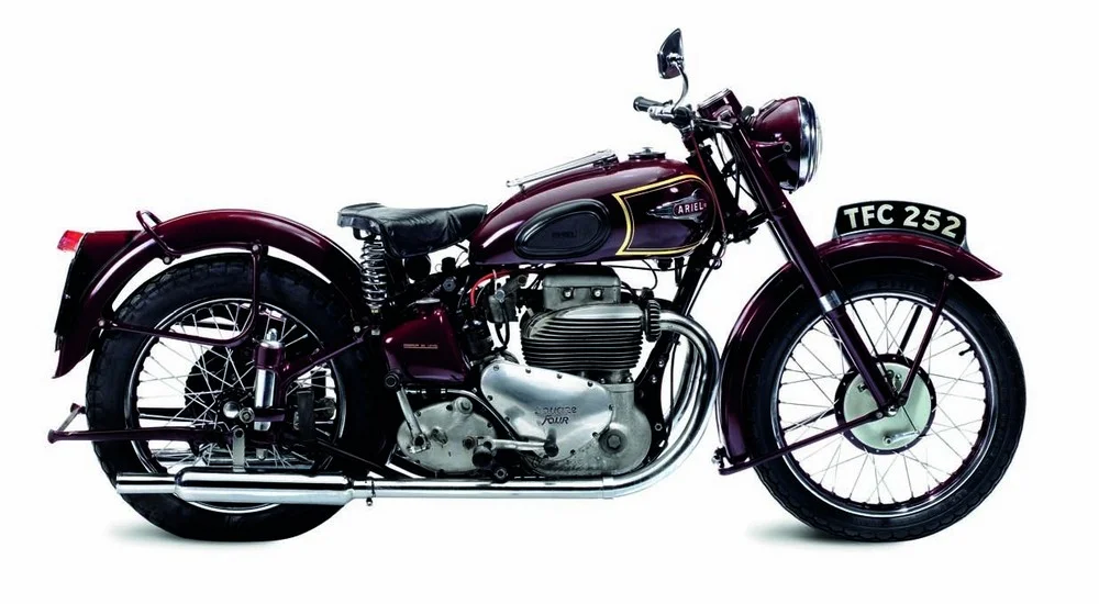 1952 Ariel Square Four 995cc Mark I Designed by Edward Turner, the Ariel Square Four Mark I used alloy instead of cast iron to shave off about 30 pounds, allowing it to reach speeds of 90-plus mph.