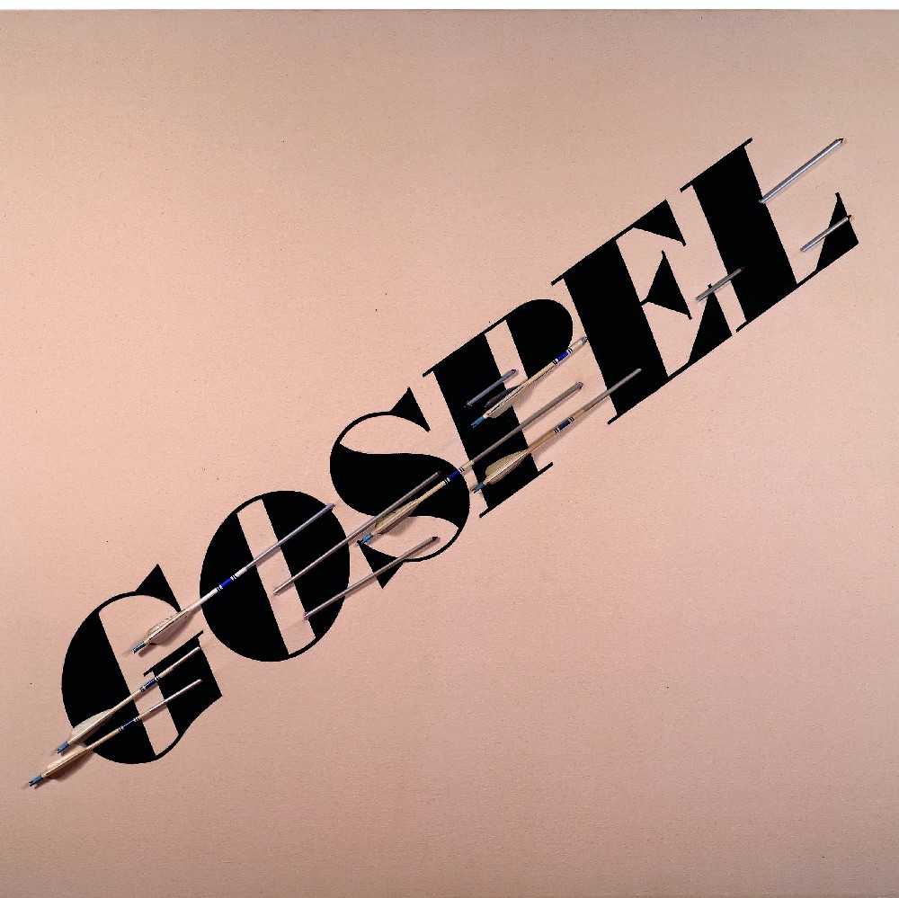 GOSPEL, 1972, synthetic polymer and aluminum on raw canvas, 54 x 60 inches 88 Courtesy of Gagosian Gallery. © Ed Ruscha NINE SWIMMING POOLS, 1968¬1997, color coupler prints, each 16 x 16 inches 89 Courtesy of Gagosian Gallery. © Ed Ruscha