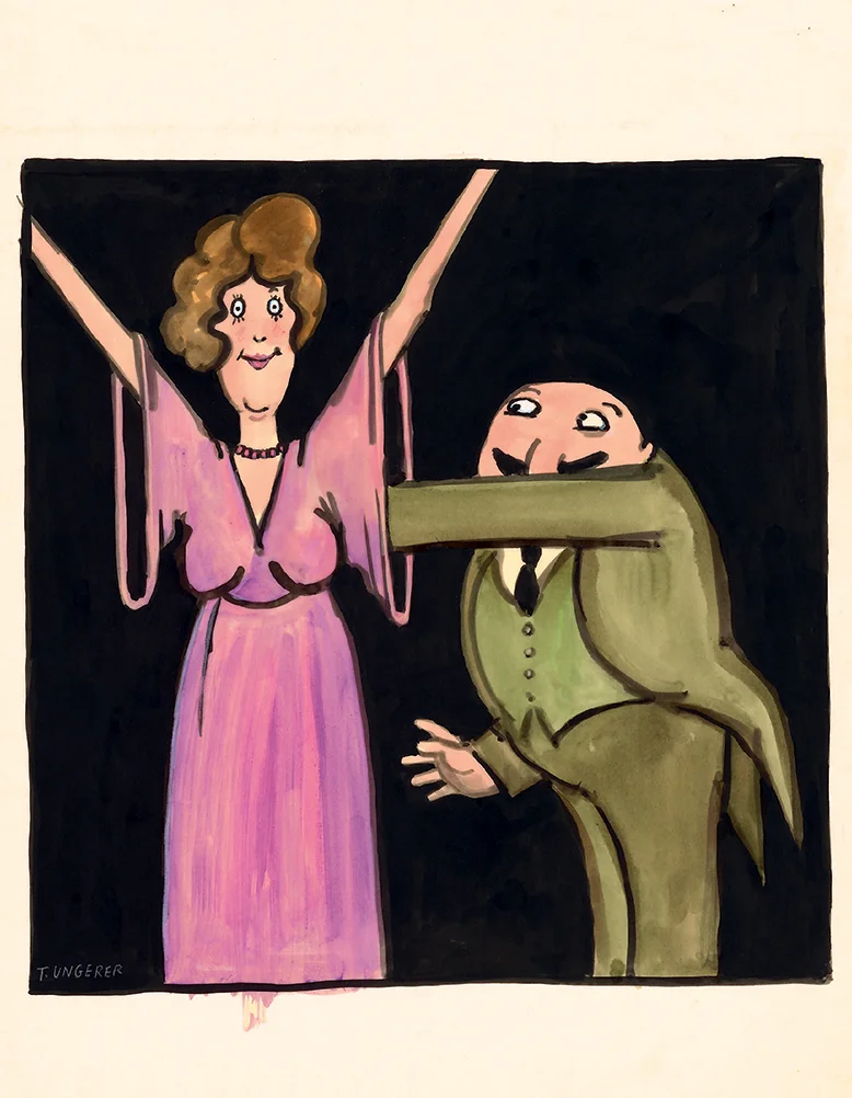 UNTITLED 1968, from the Village Voice poster series “Expect the Unexpected,” India ink, gouache, and watercolor on tracing paper, 18.75 x 13.9 inches Courtesy of the Tomi Ungerer Collection, Ireland